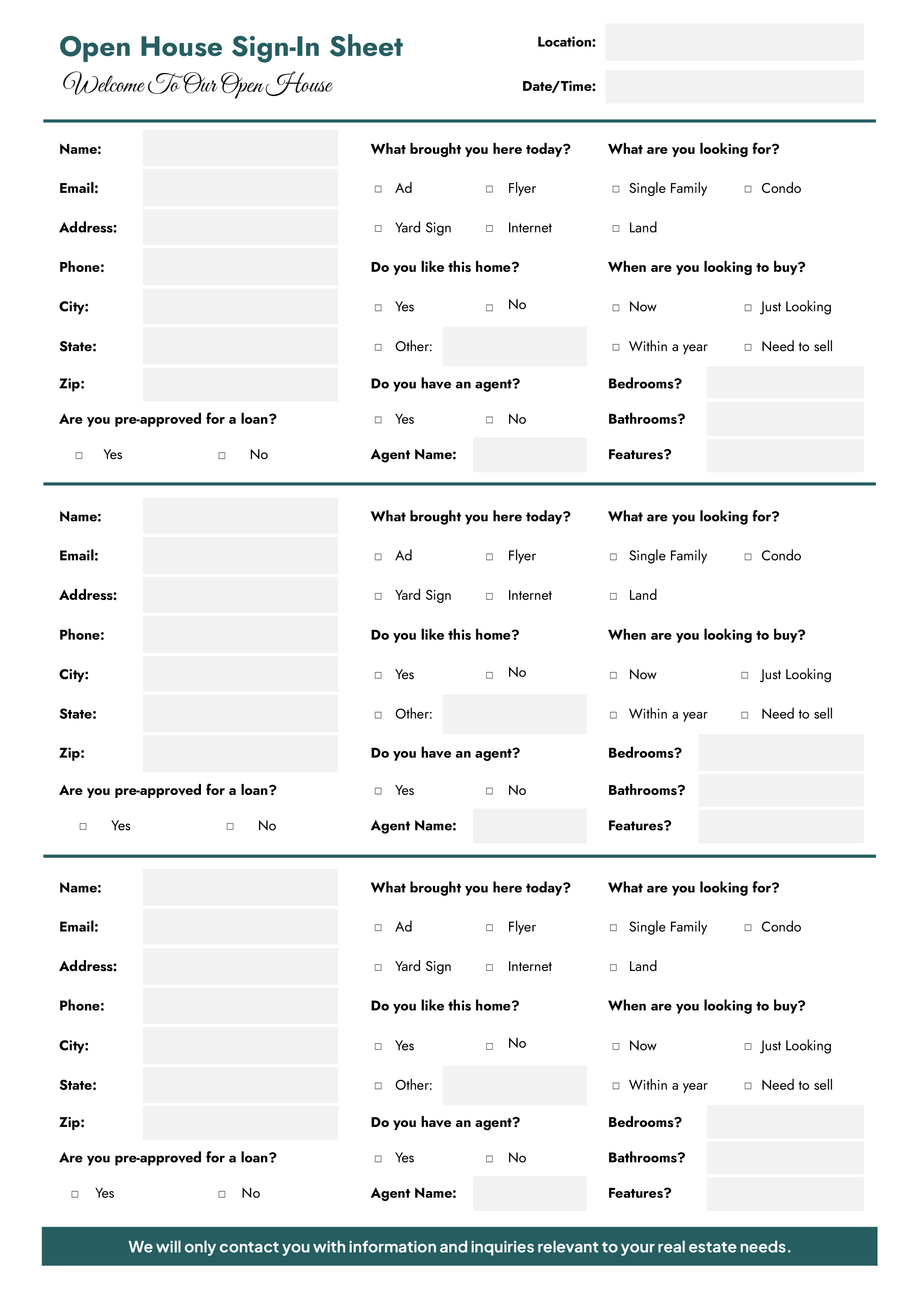 Open House Sign-In Sheet Template (with Questionnaire) - Word, Google Docs - Page 02