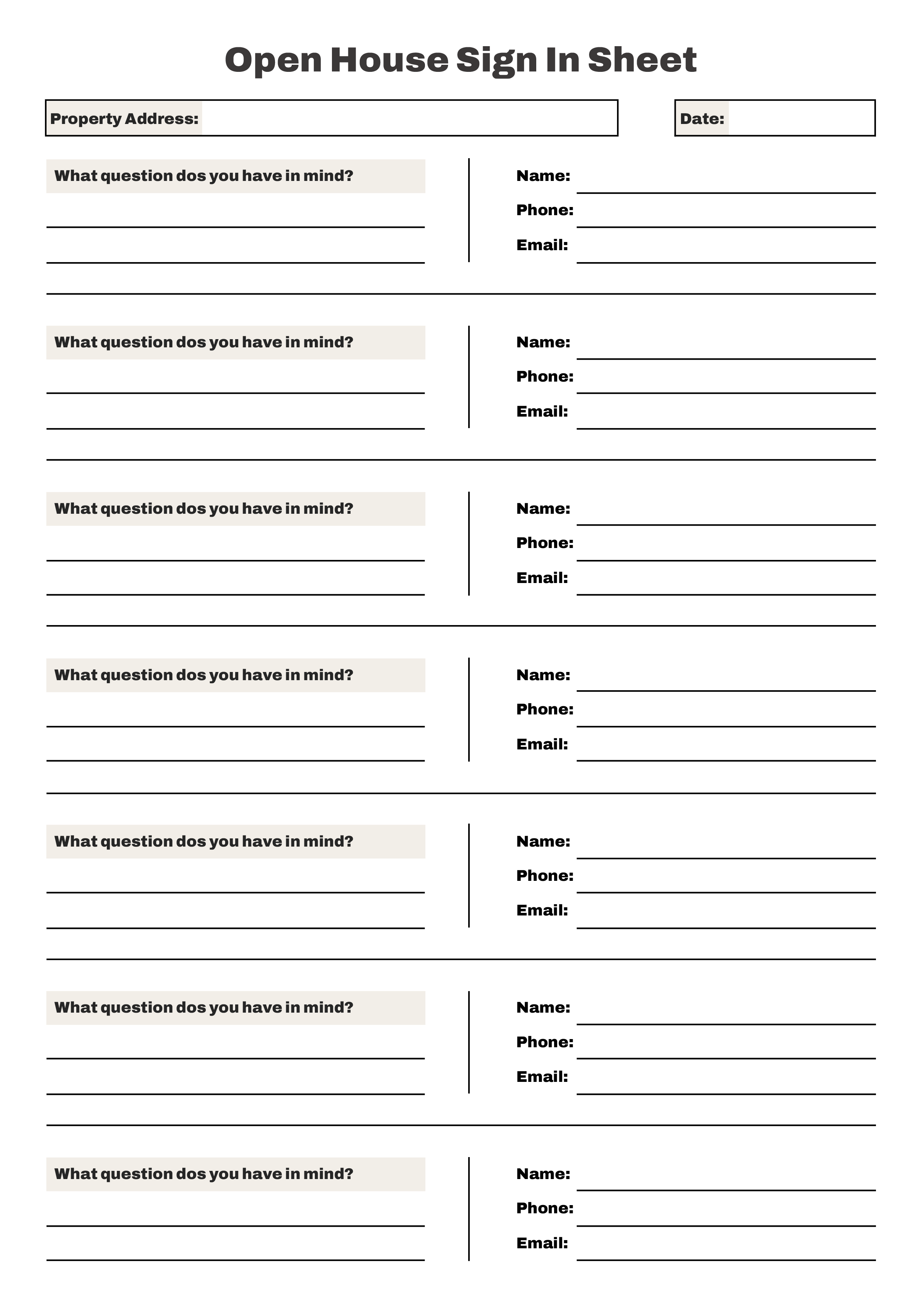 Open House Sign In Sheet (with Question) - Word, Google Docs