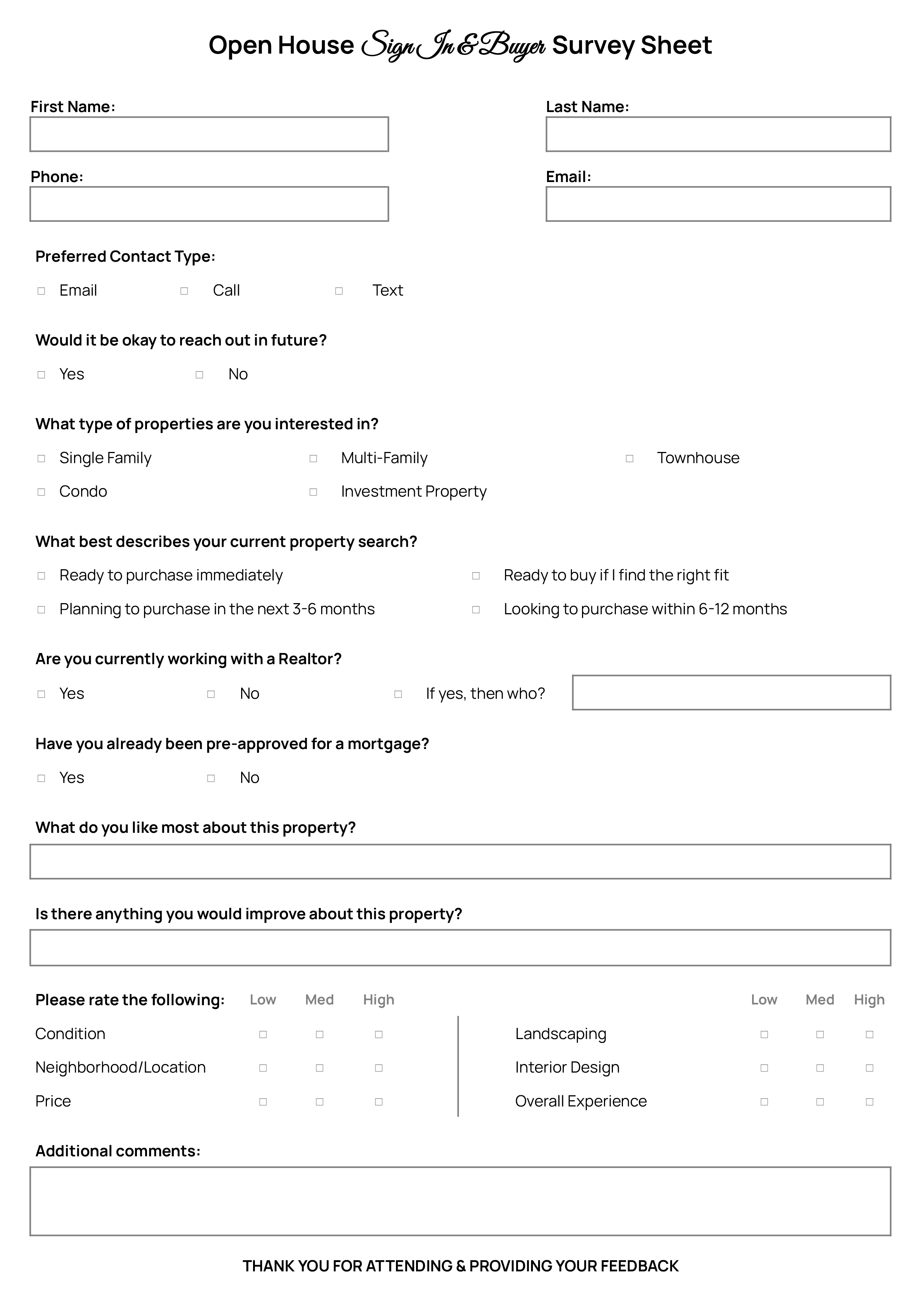 Open House Sign In and Buyer Survey Sheet - Word, Google Docs