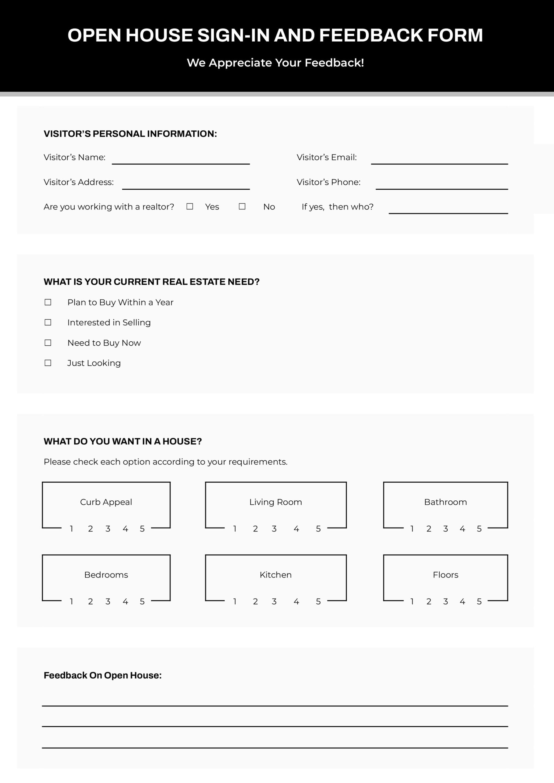 Printable Open House Sign-In and Feedback Form - Word, Google Docs