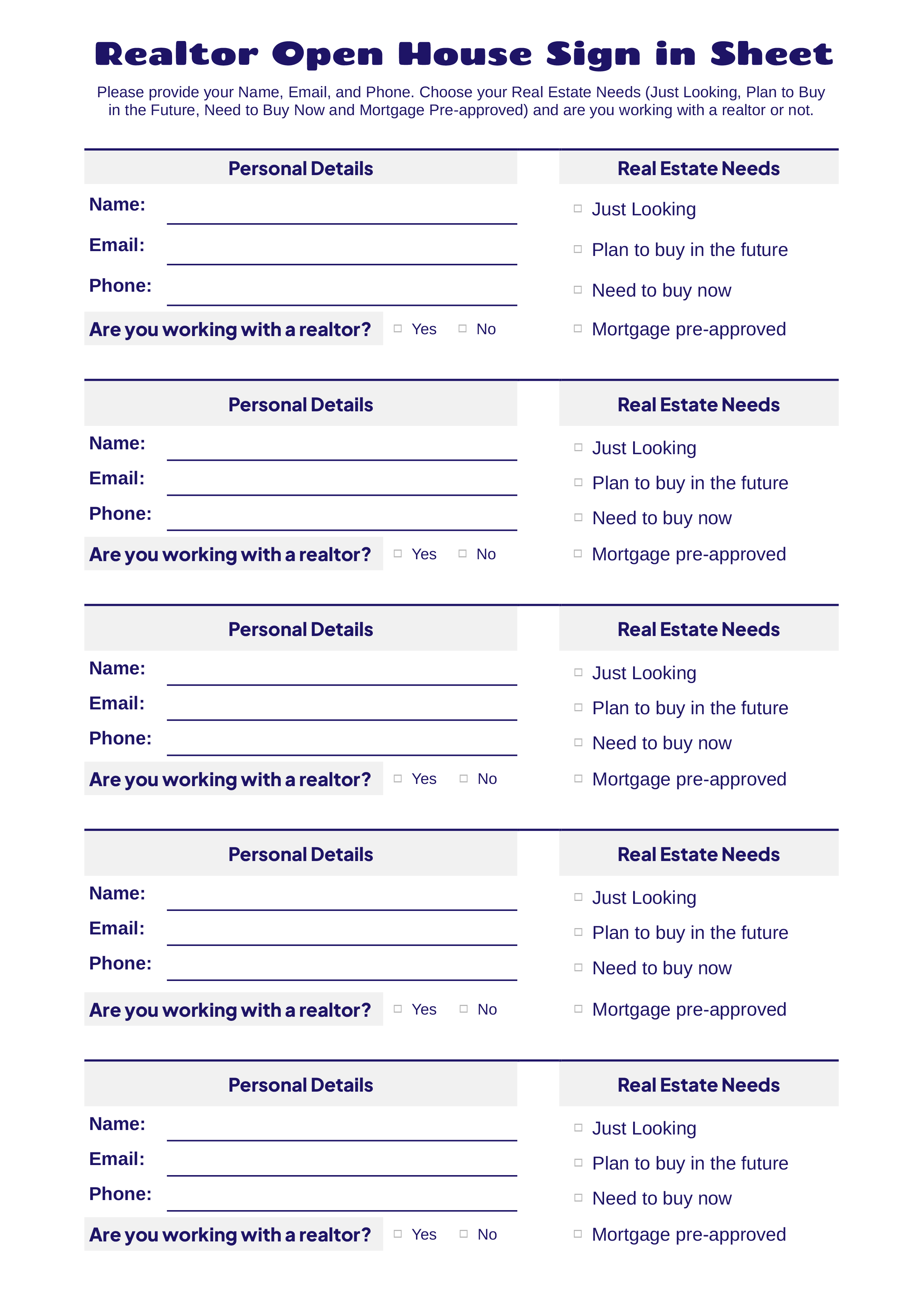 Realtor Open House Sign in Sheet Template - Word, Google Docs