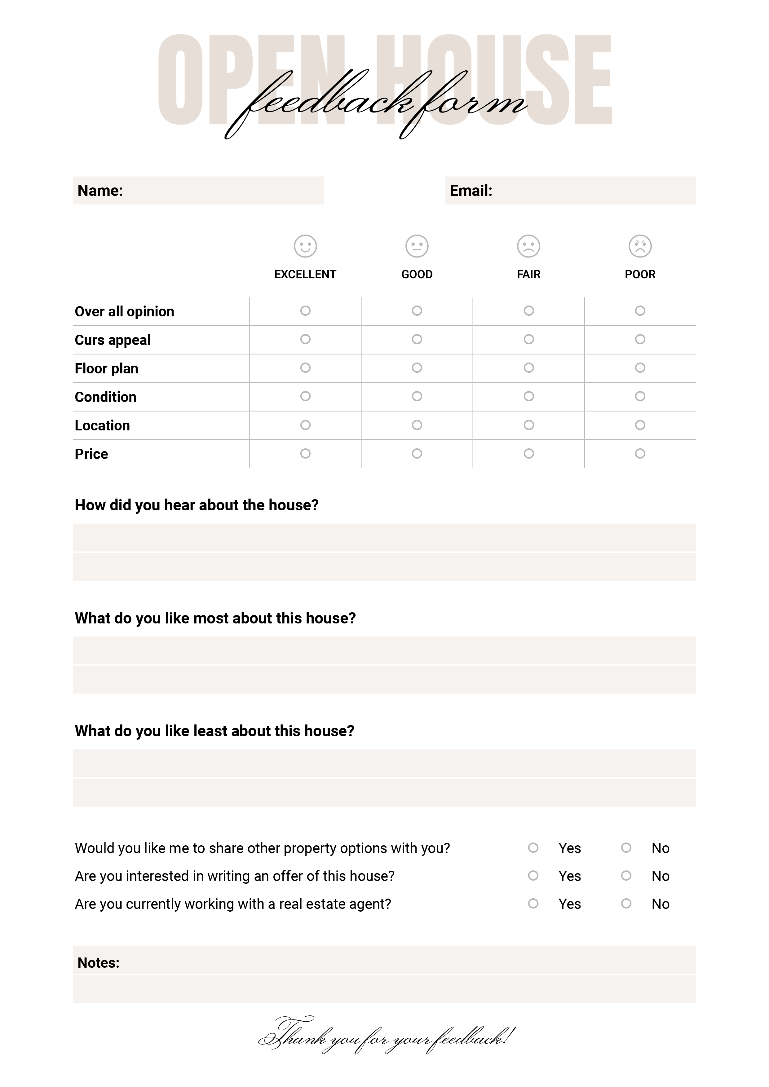 Simple Open House Feedback Form - Word, Google Docs