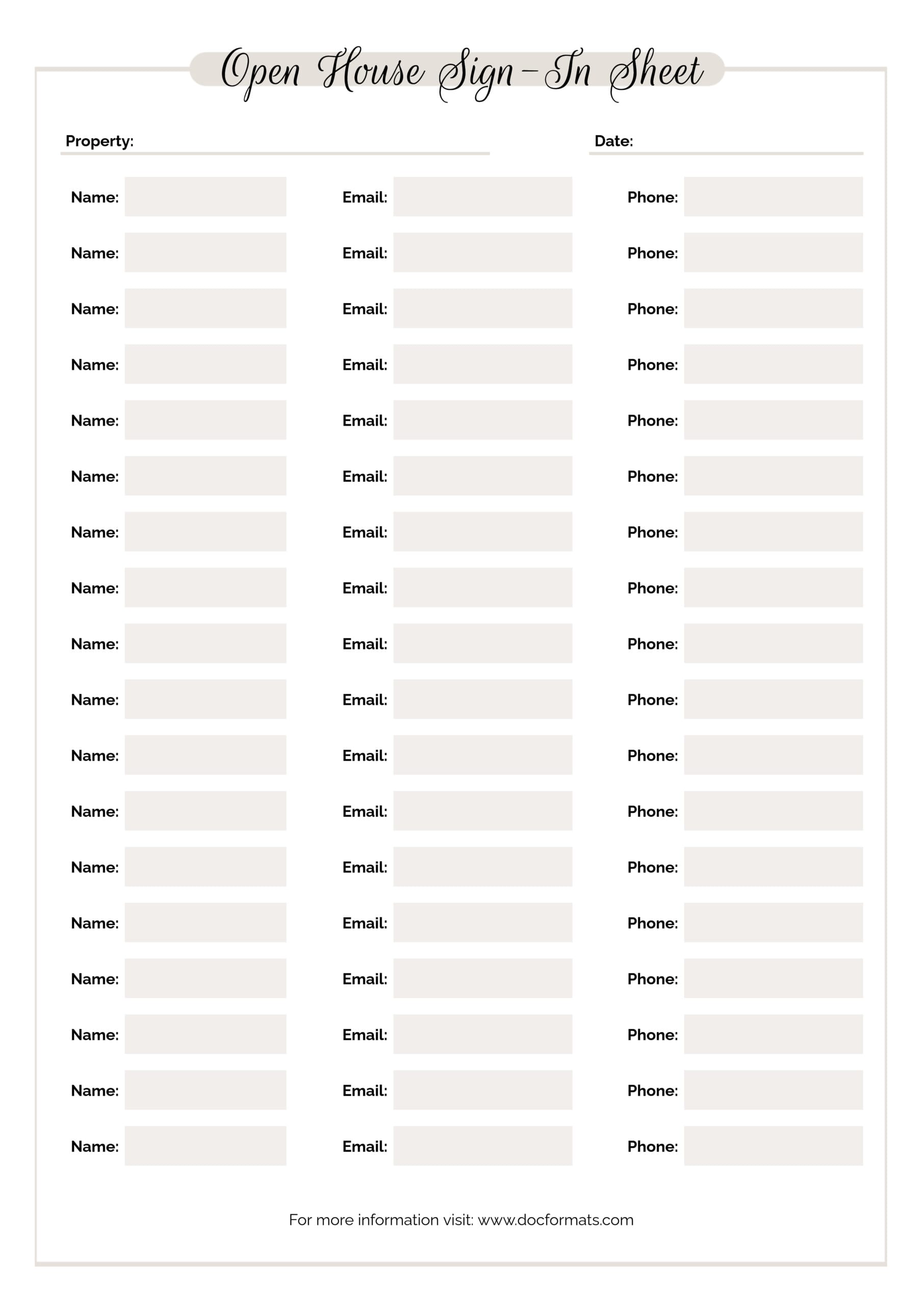 Simple Open House Sign In Sheet - Word, Google Docs