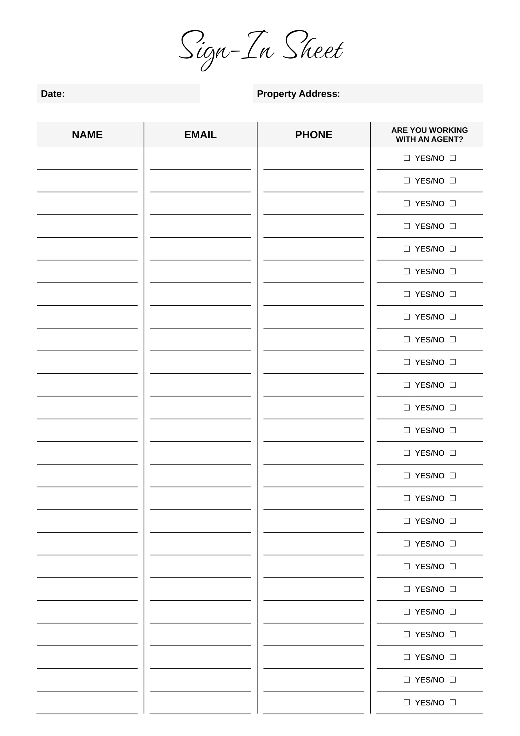 Simple Real Estate Open House Sign-in Sheet - Word, Google Docs