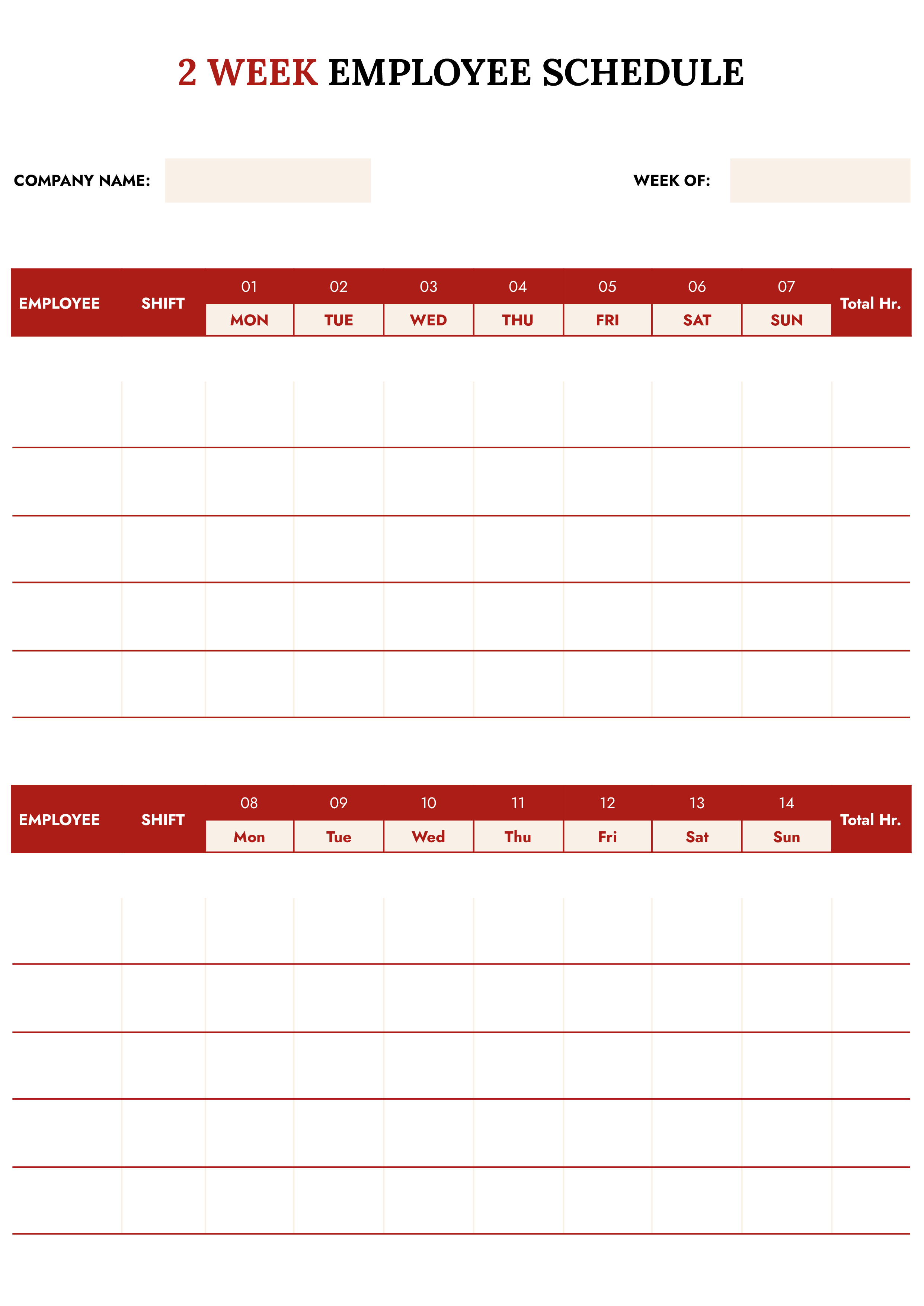 2 Week Employee Schedule Template - Word, Google Docs - Page 02