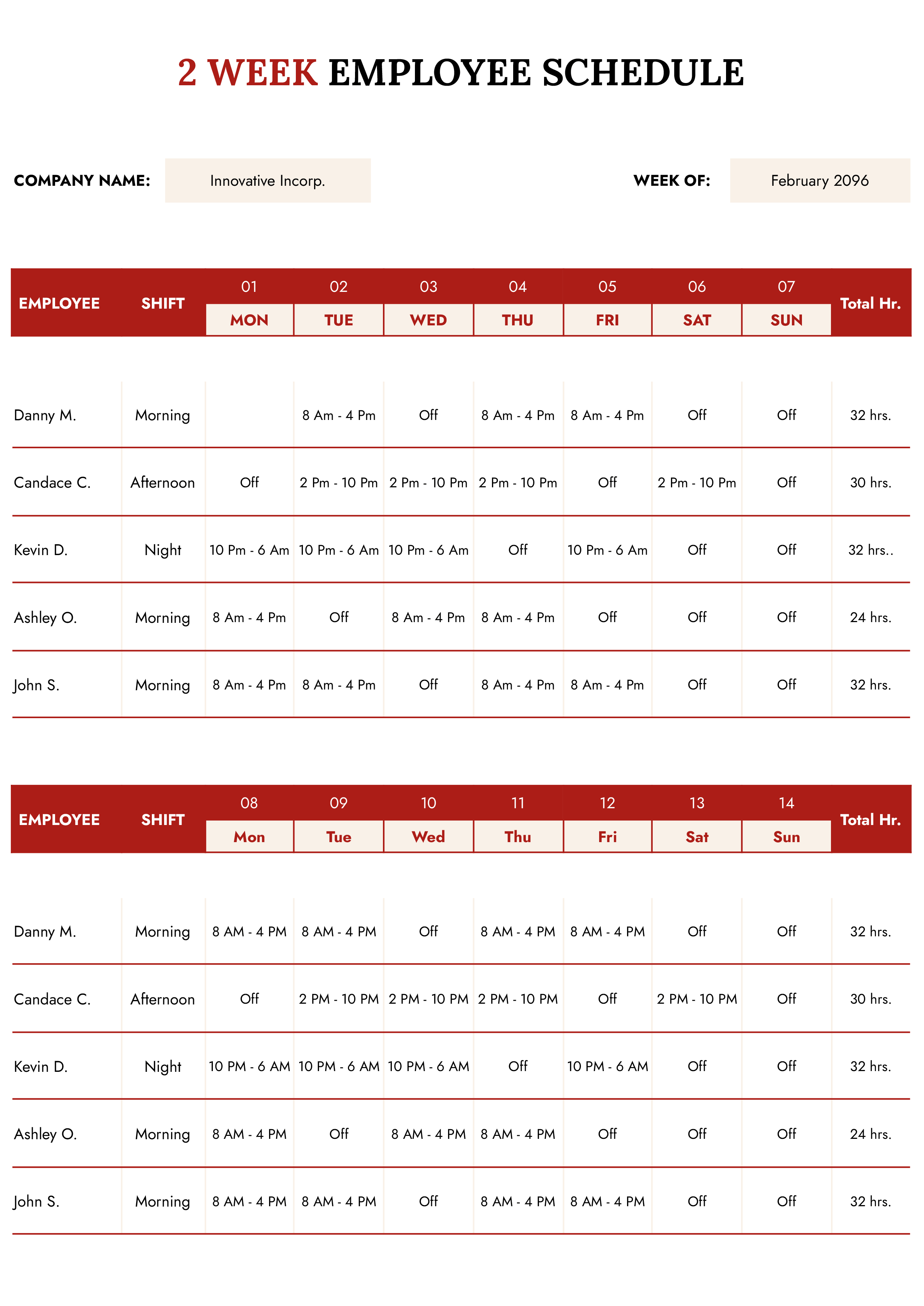2 Week Employee Schedule Template - Word, Google Docs