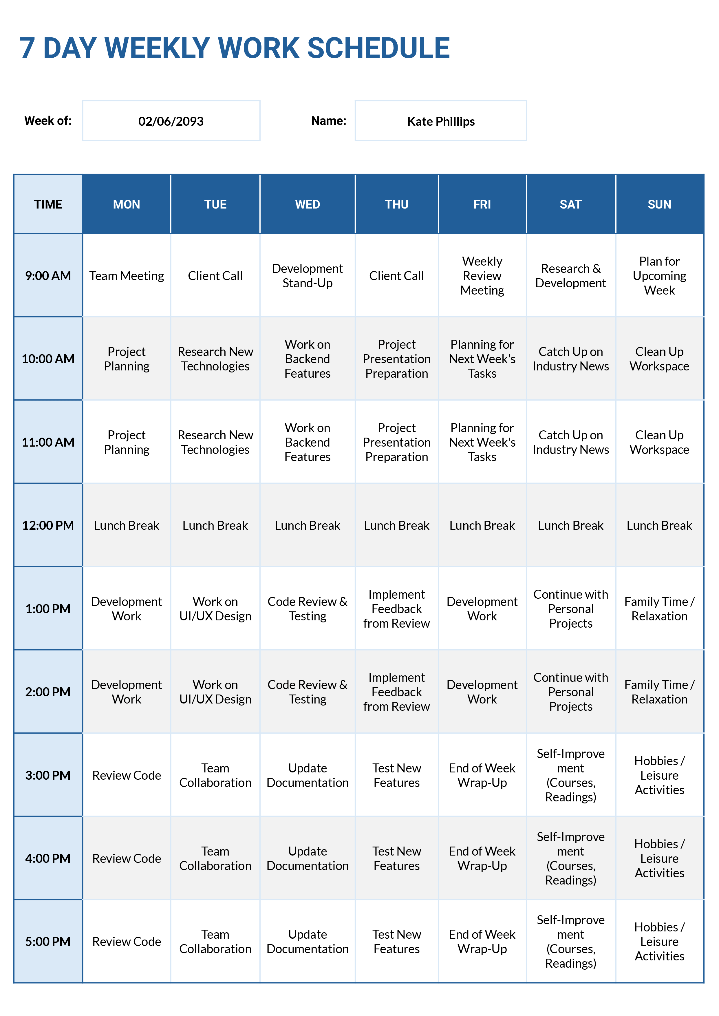 7 Day Weekly Work Schedule Template - Word, Google Docs