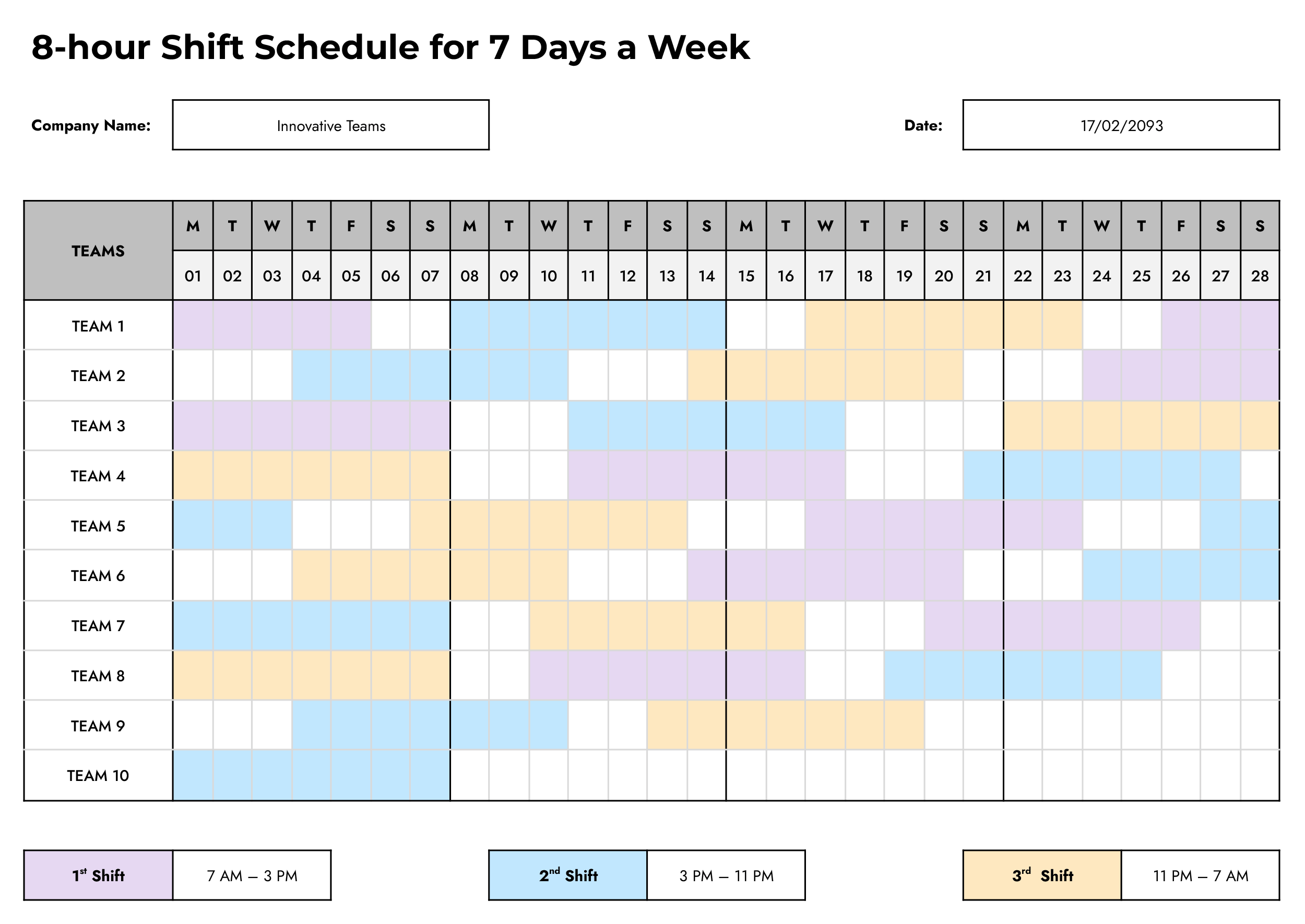 8-hour Shift Schedule for 7 Days a Week Template - Word, Google Docs