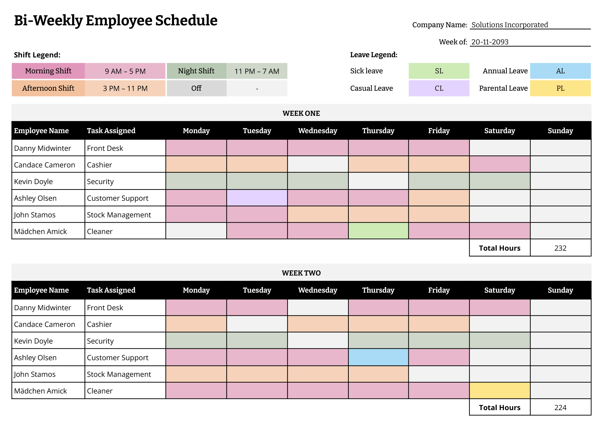 Bi-Weekly Employee Schedule Template - Word, Google Docs