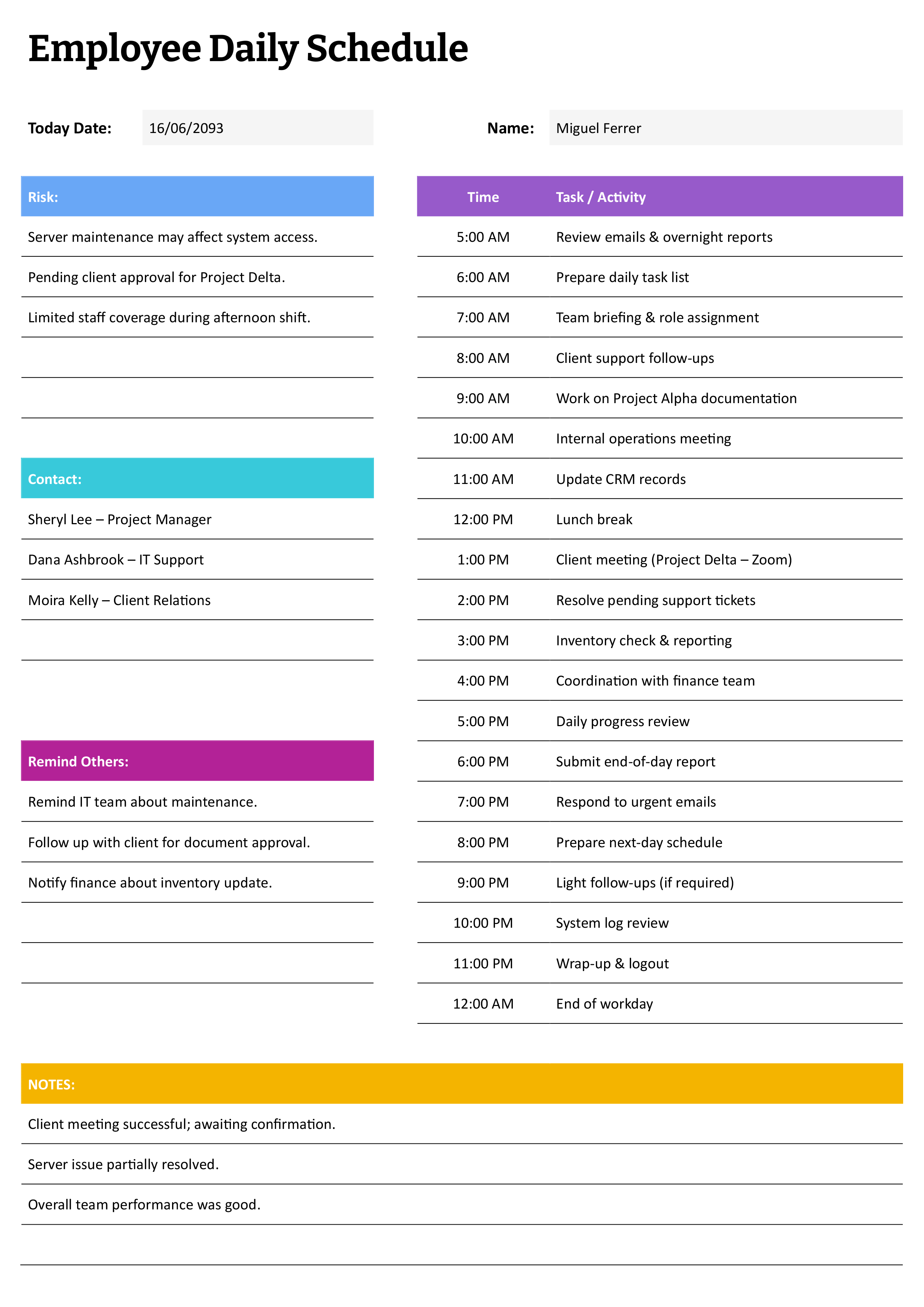 Employee Daily Schedule Template - Word, Google Docs