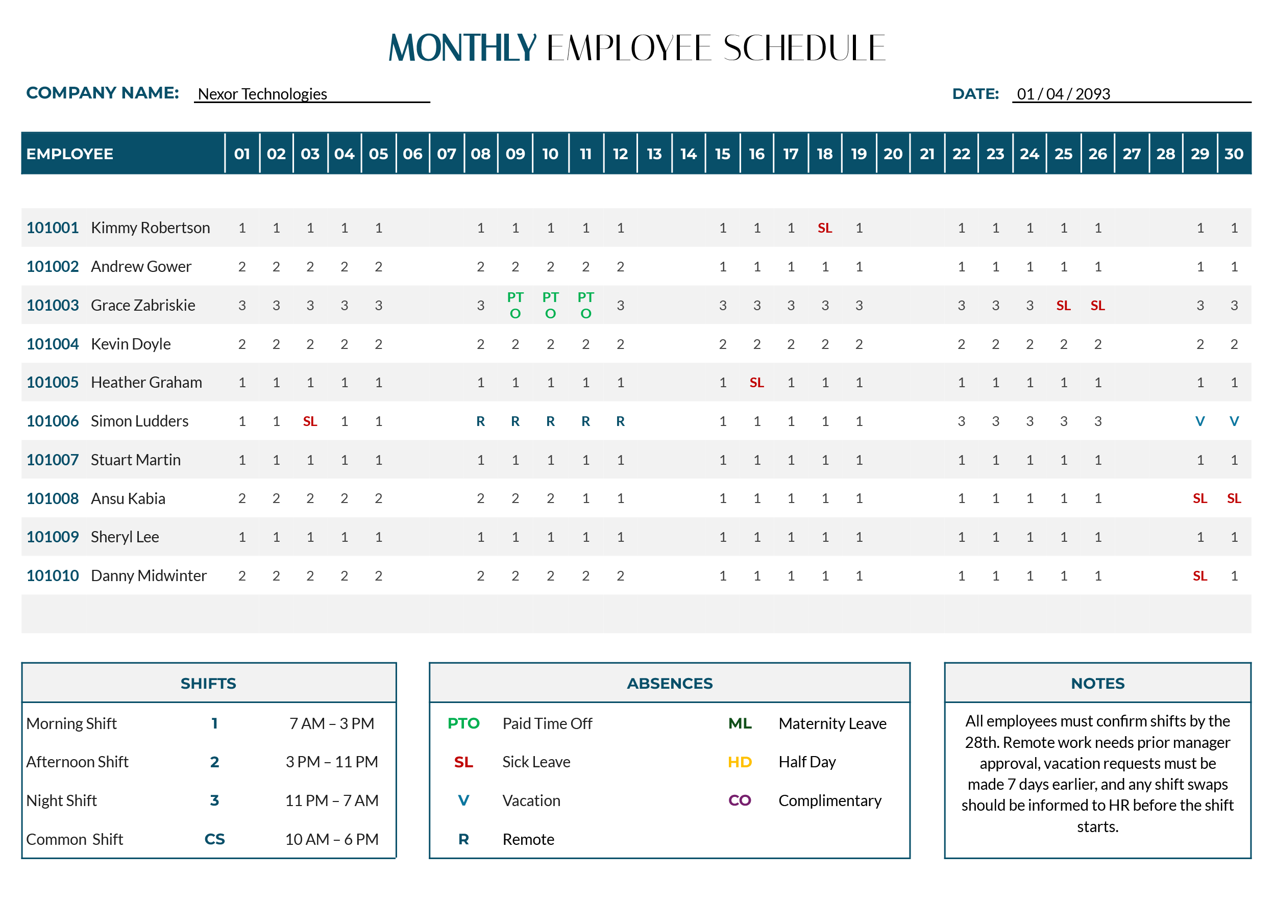 Employee Monthly Schedule Template - Word, Google Docs