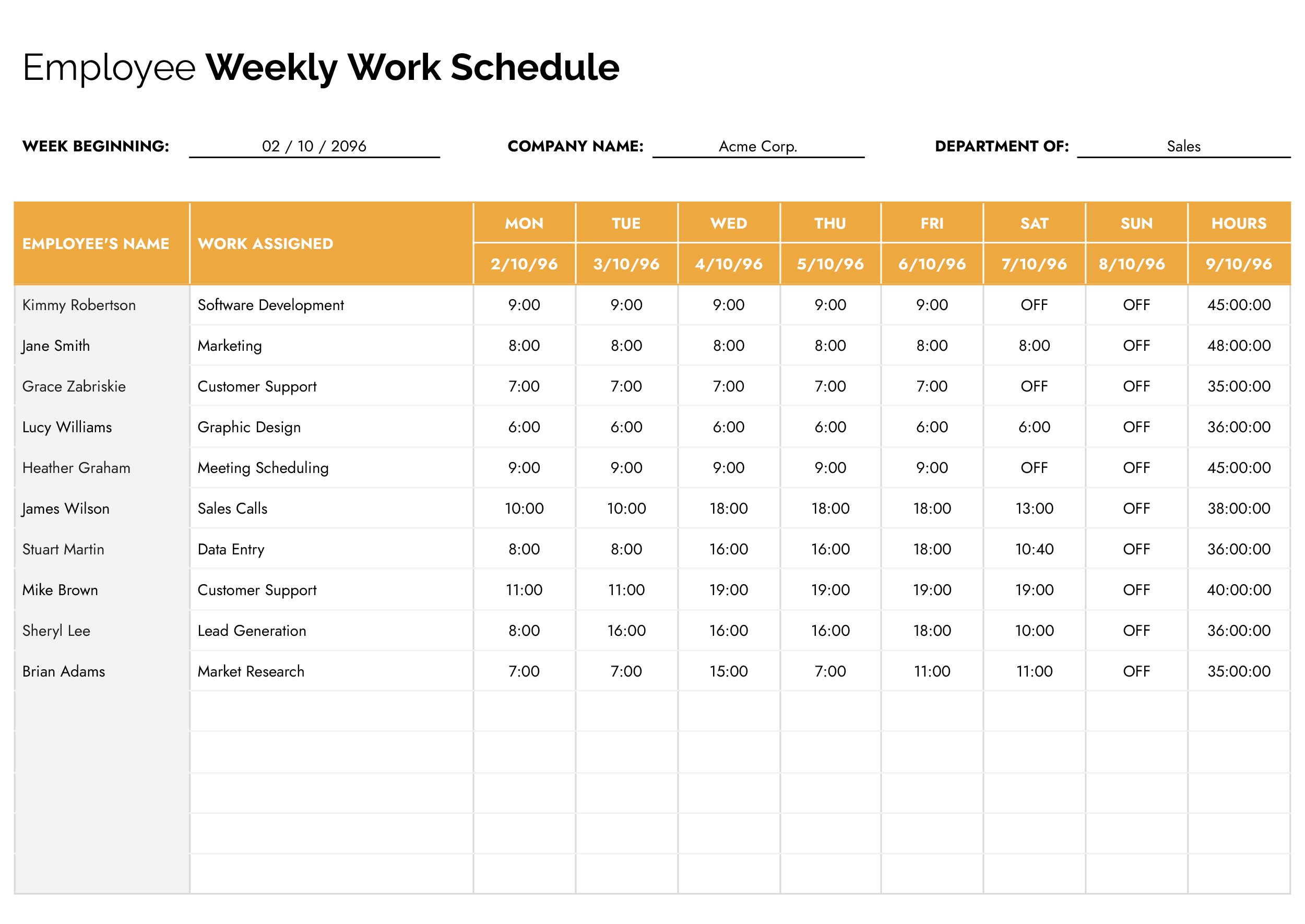 Employee Weekly Work Schedule Template - Word, Google Docs