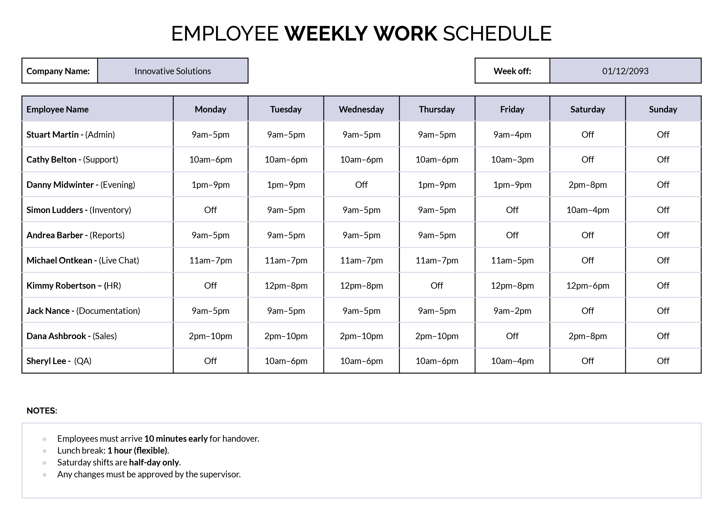 Employee Weekly Work Schedule Template - Word, Google Docs