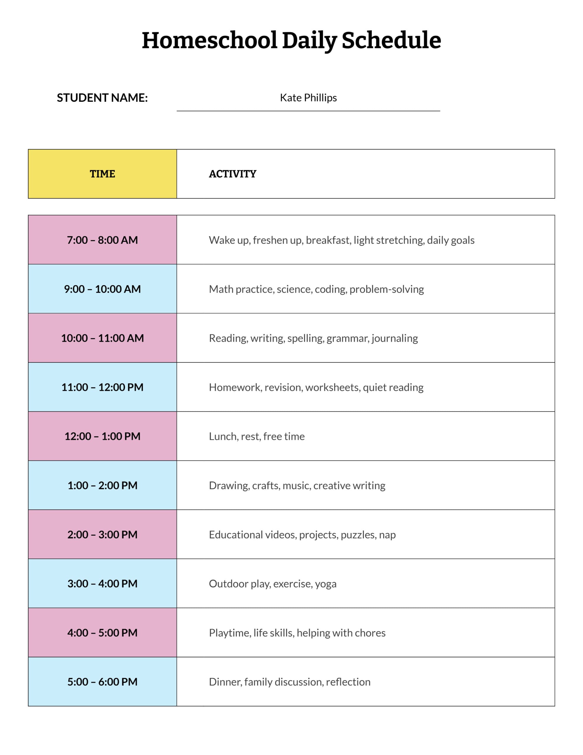Homeschool Daily Schedule Template - Word, Google Docs