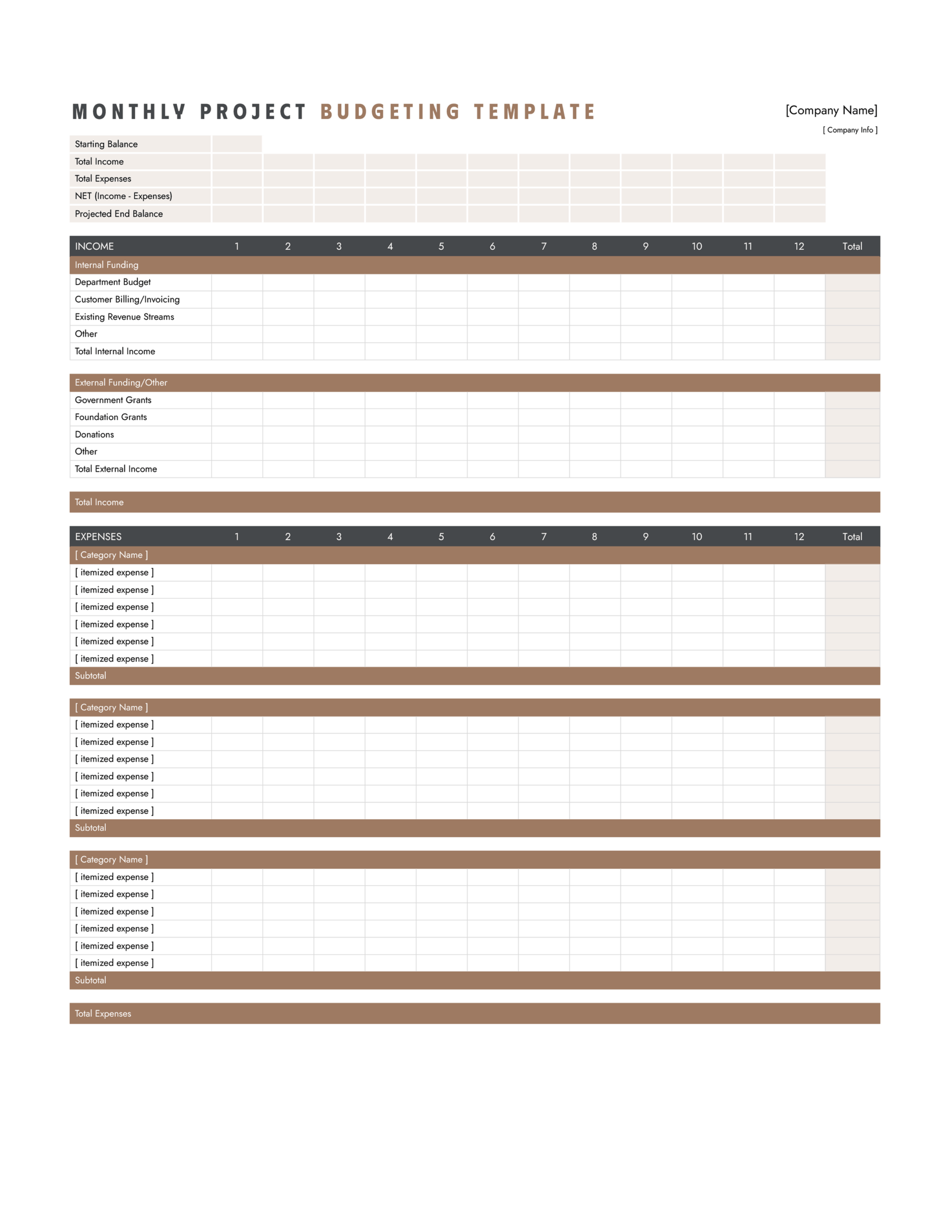 Monthly Project Budgeting Template - Excel, Google Sheets
