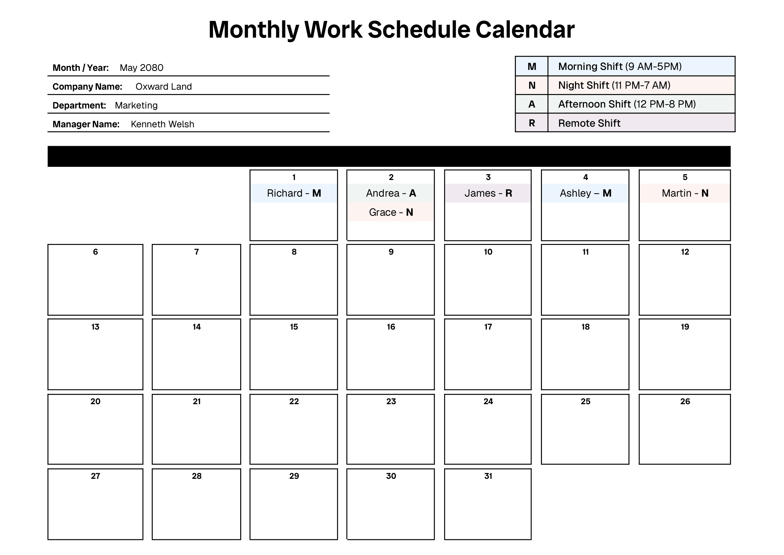 Monthly Work Schedule Calendar Template - Word, Google Docs