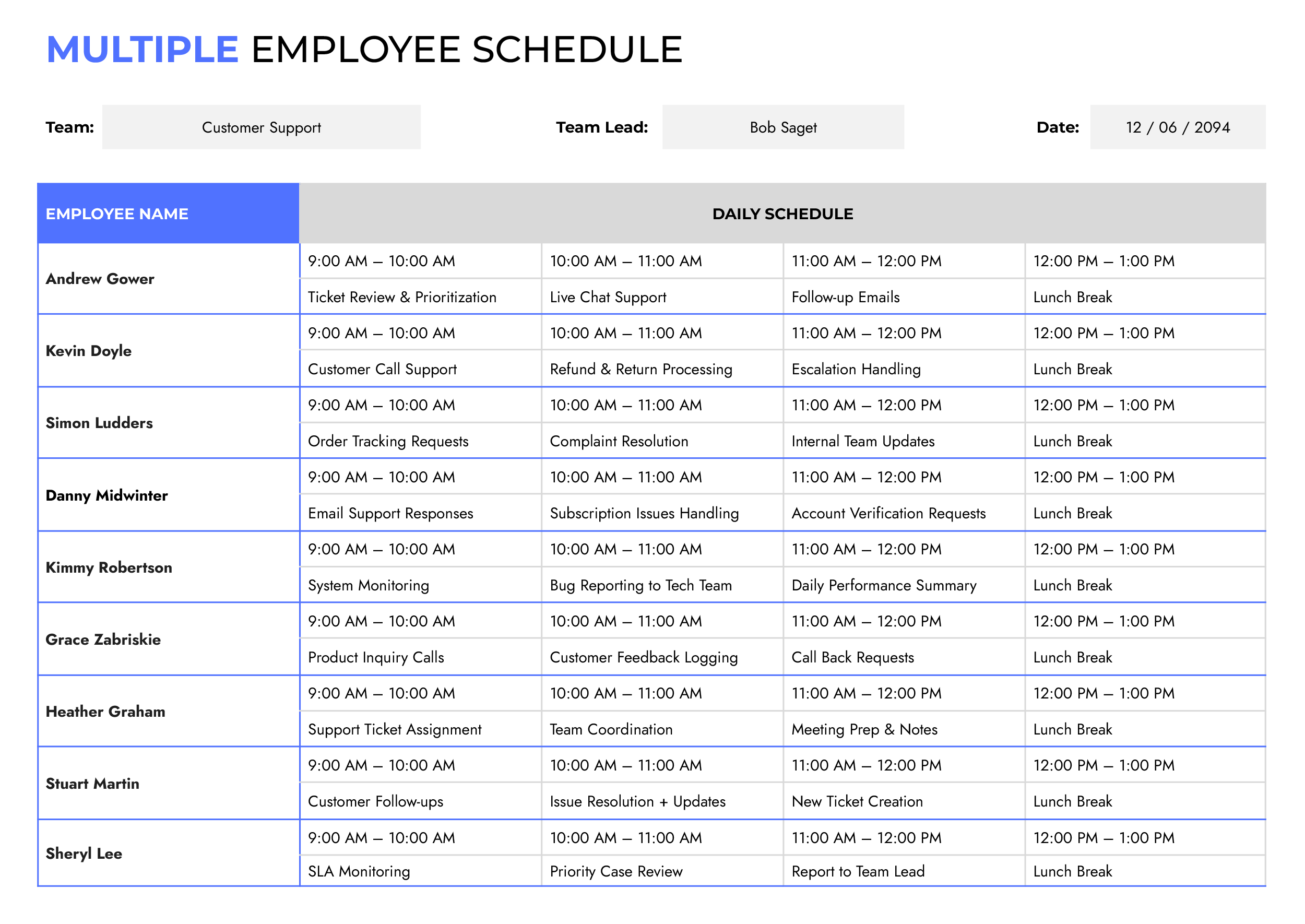 Multiple Employee Schedule Template - Word, Google Docs
