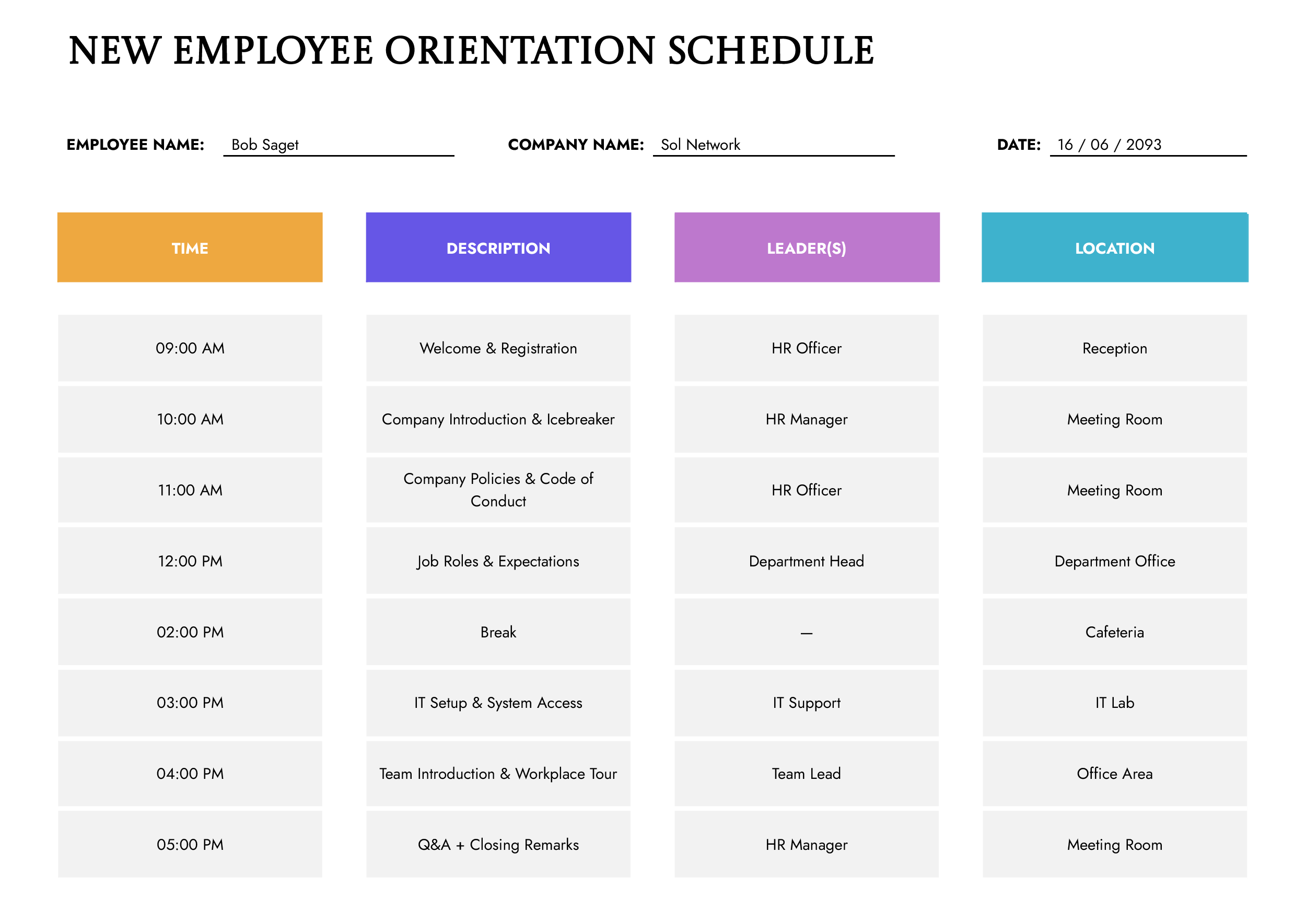 New Employee Orientation Schedule Template - Word, Google Docs