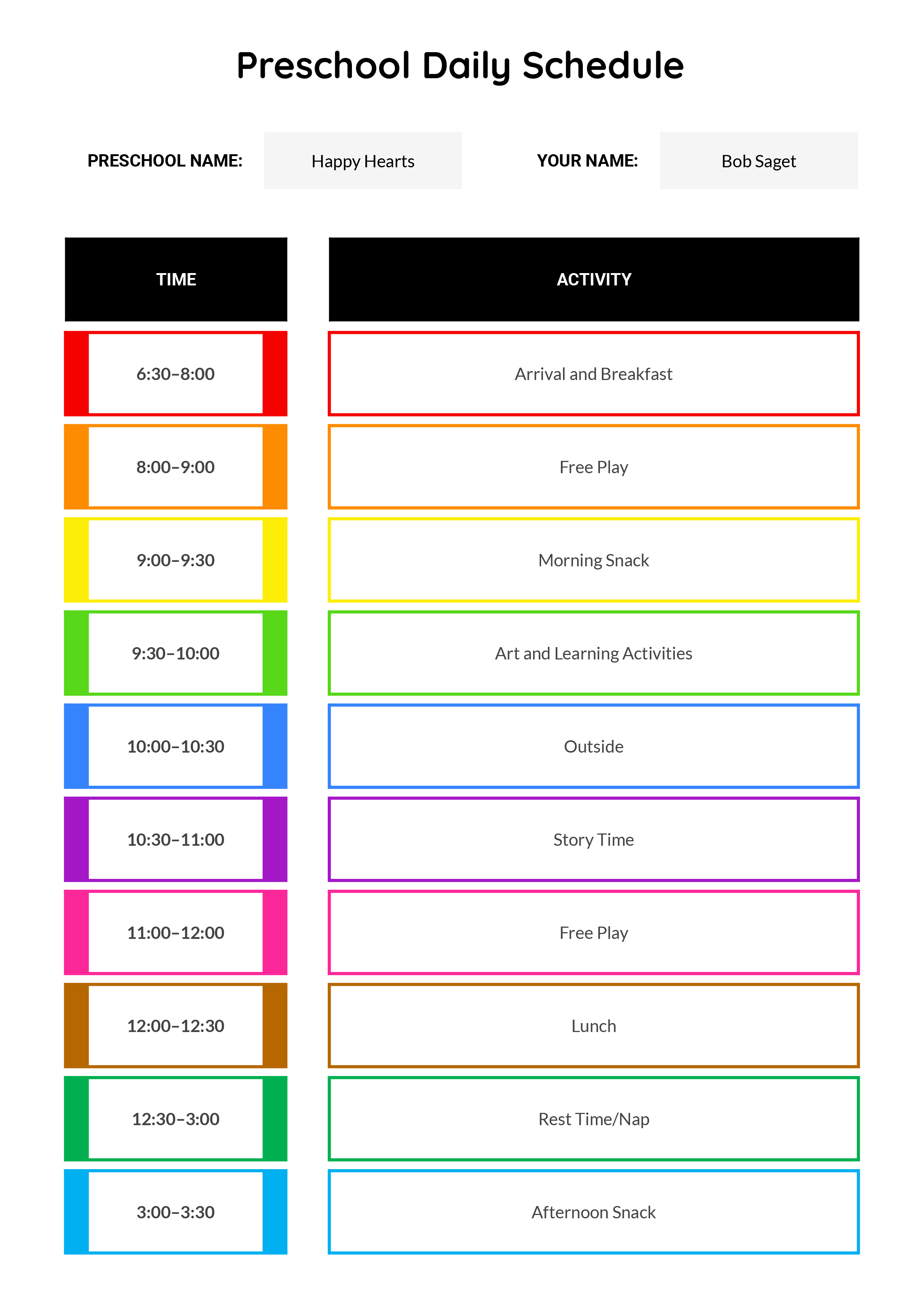 Preschool Daily Schedule Template - Word, Google Docs