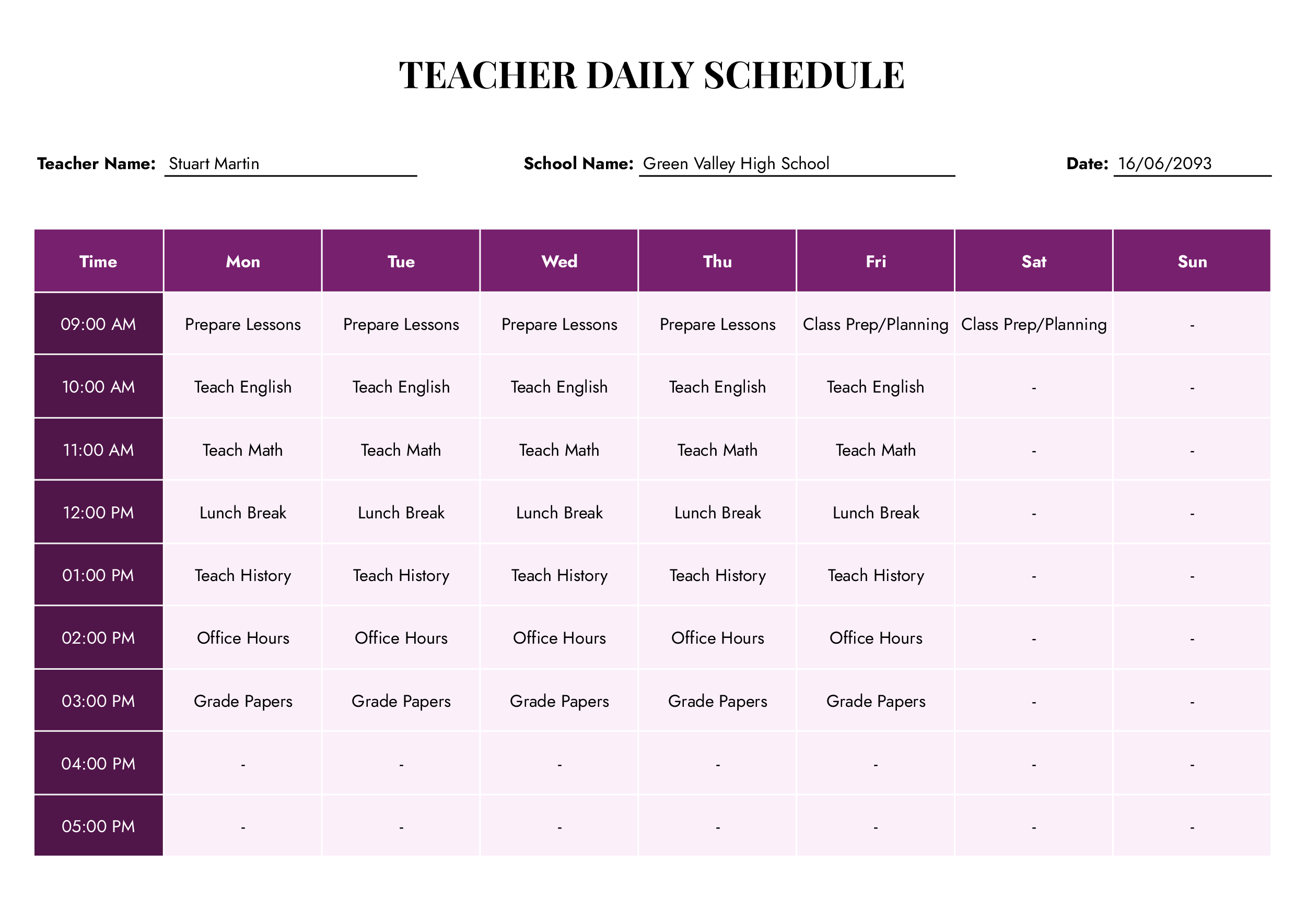 Teacher Daily Schedule Template - Word, Google Docs