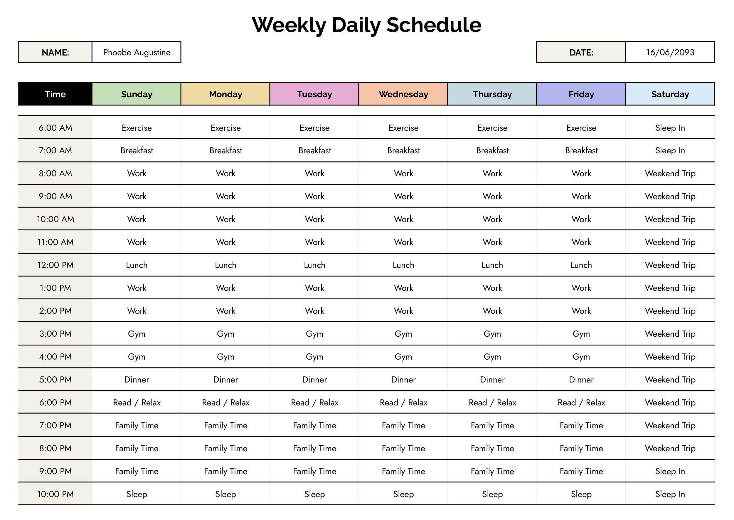 Weekly Daily Schedule Template - Word, Google Docs