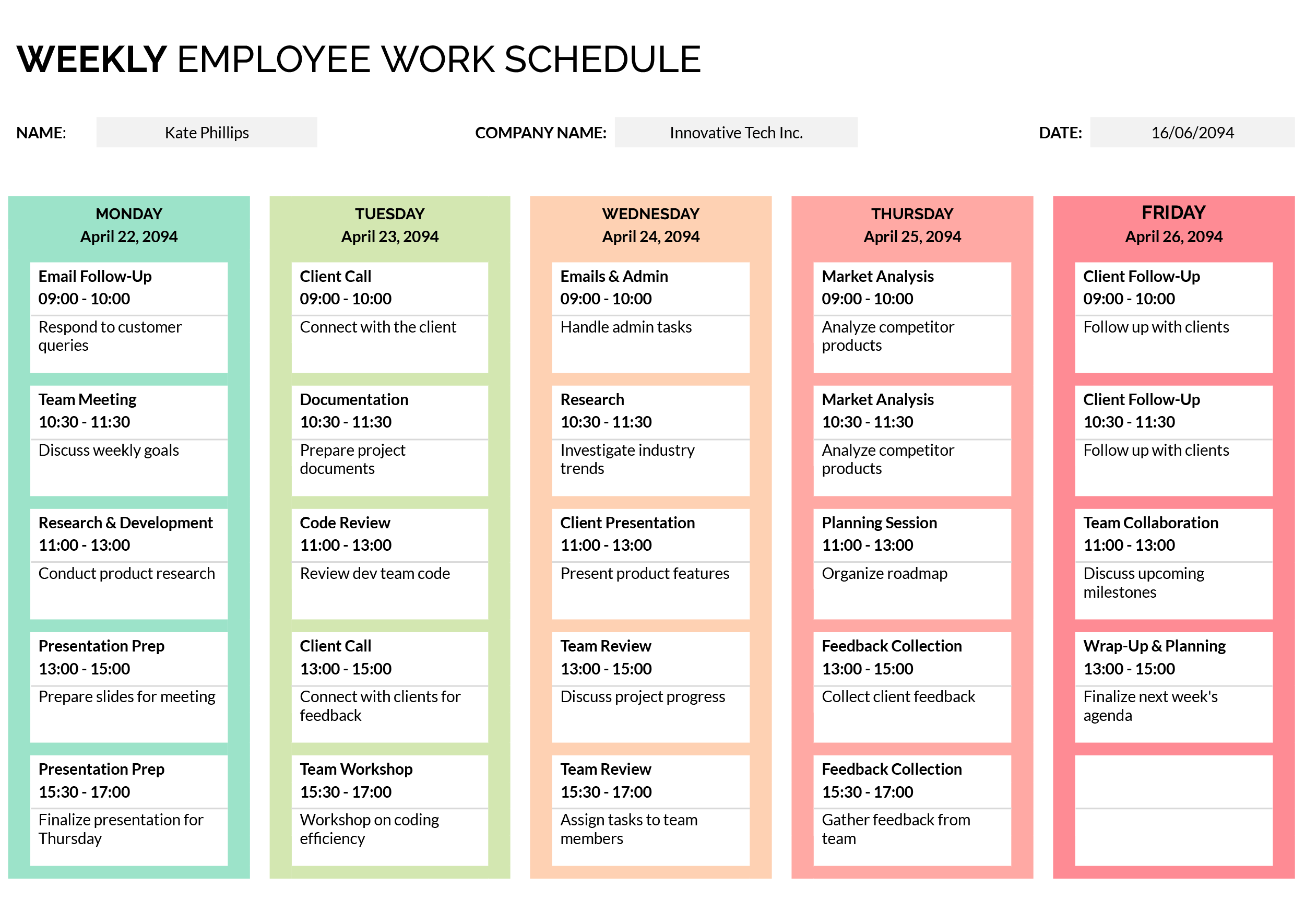 Weekly Employee Work Schedule Template - Word, Google Docs