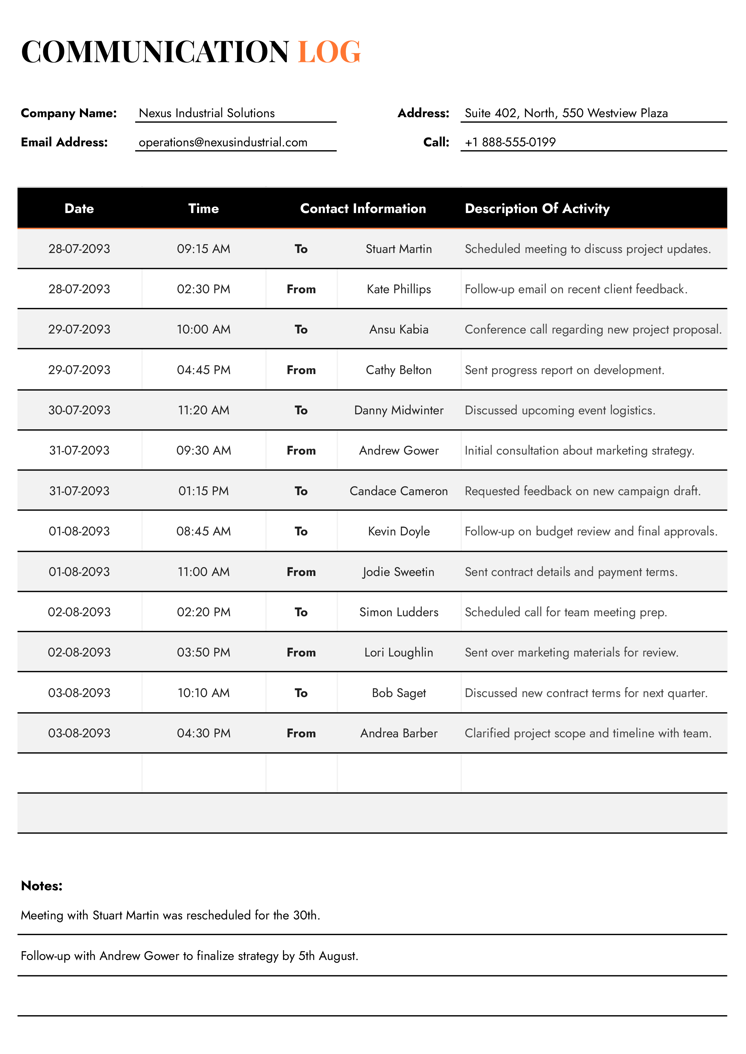 Free Communication Log Template (Word | Google Docs)