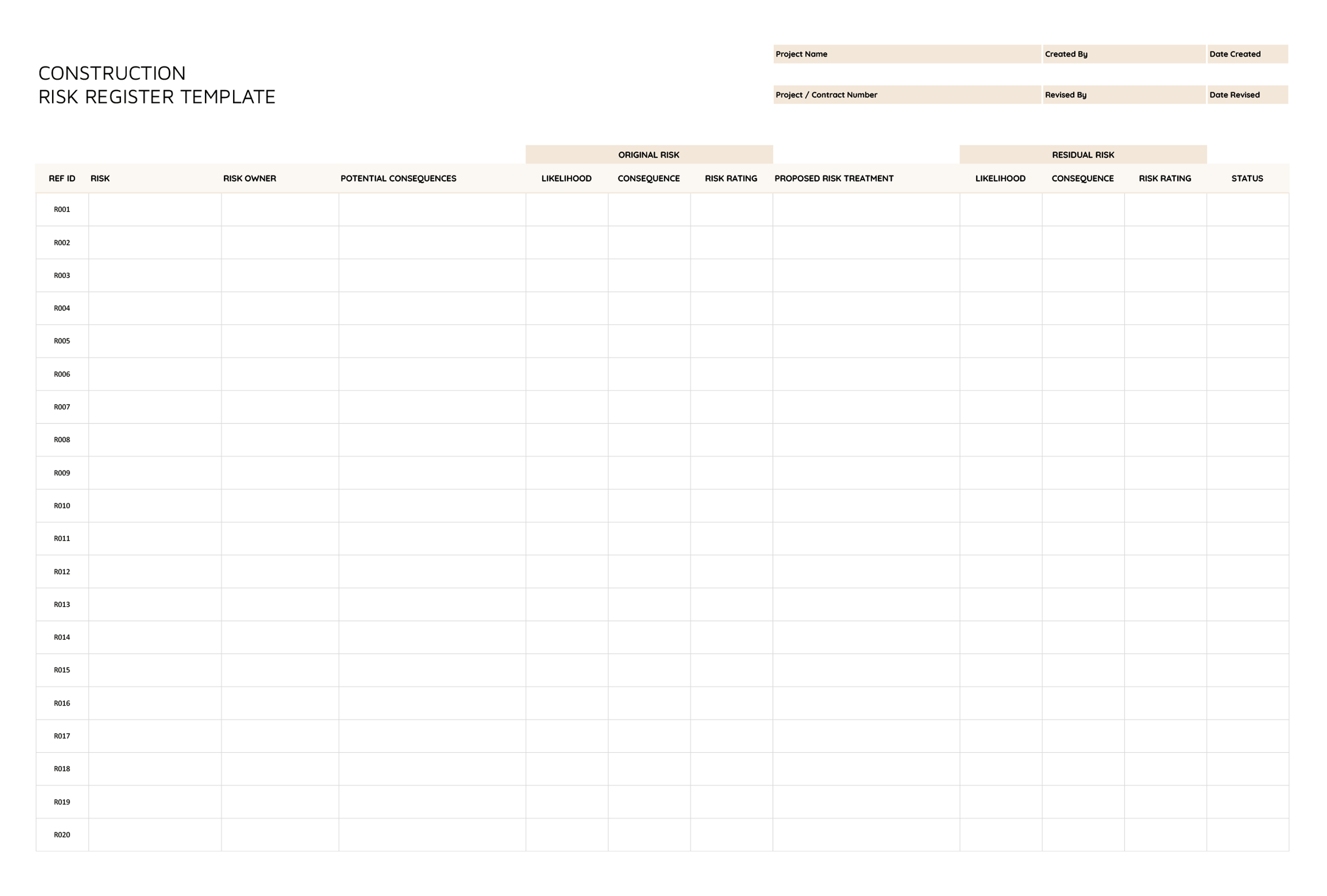 Construction Risk Register Template - Excel, Google Sheets - Page 03