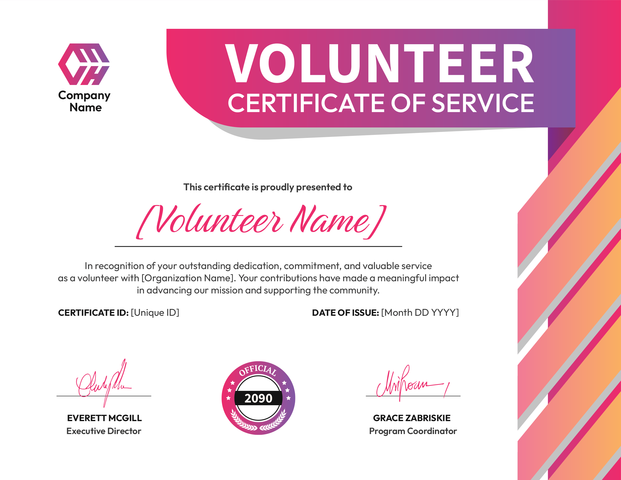Gradient Pink and Purple Volunteer Certificate Template - PowerPoint, Google Slides, Adobe Illustrator