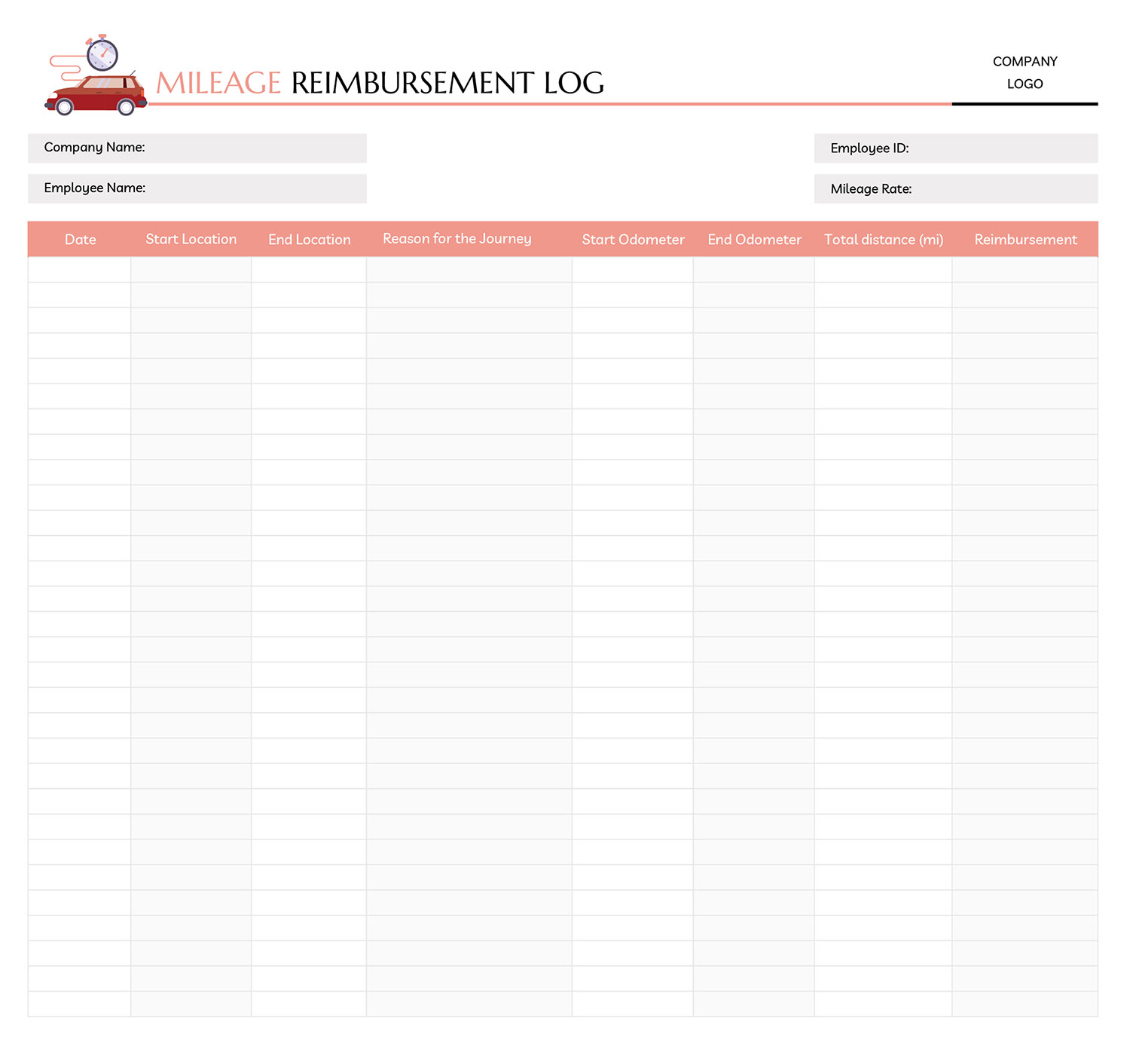 Mileage Reimbursement Log Template for Excel and Google Sheets