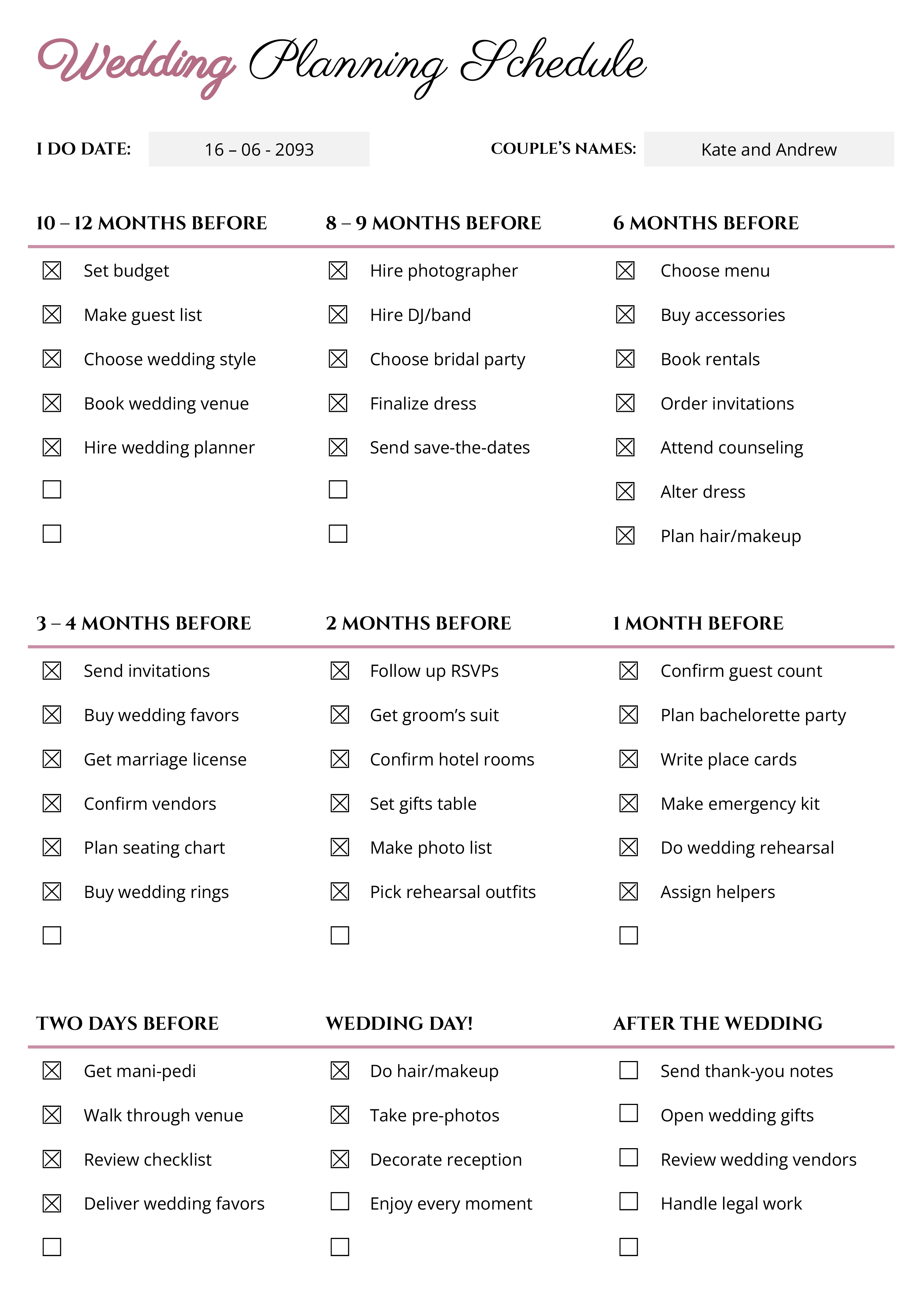 Wedding Planning Schedule Template - Word, Google Docs