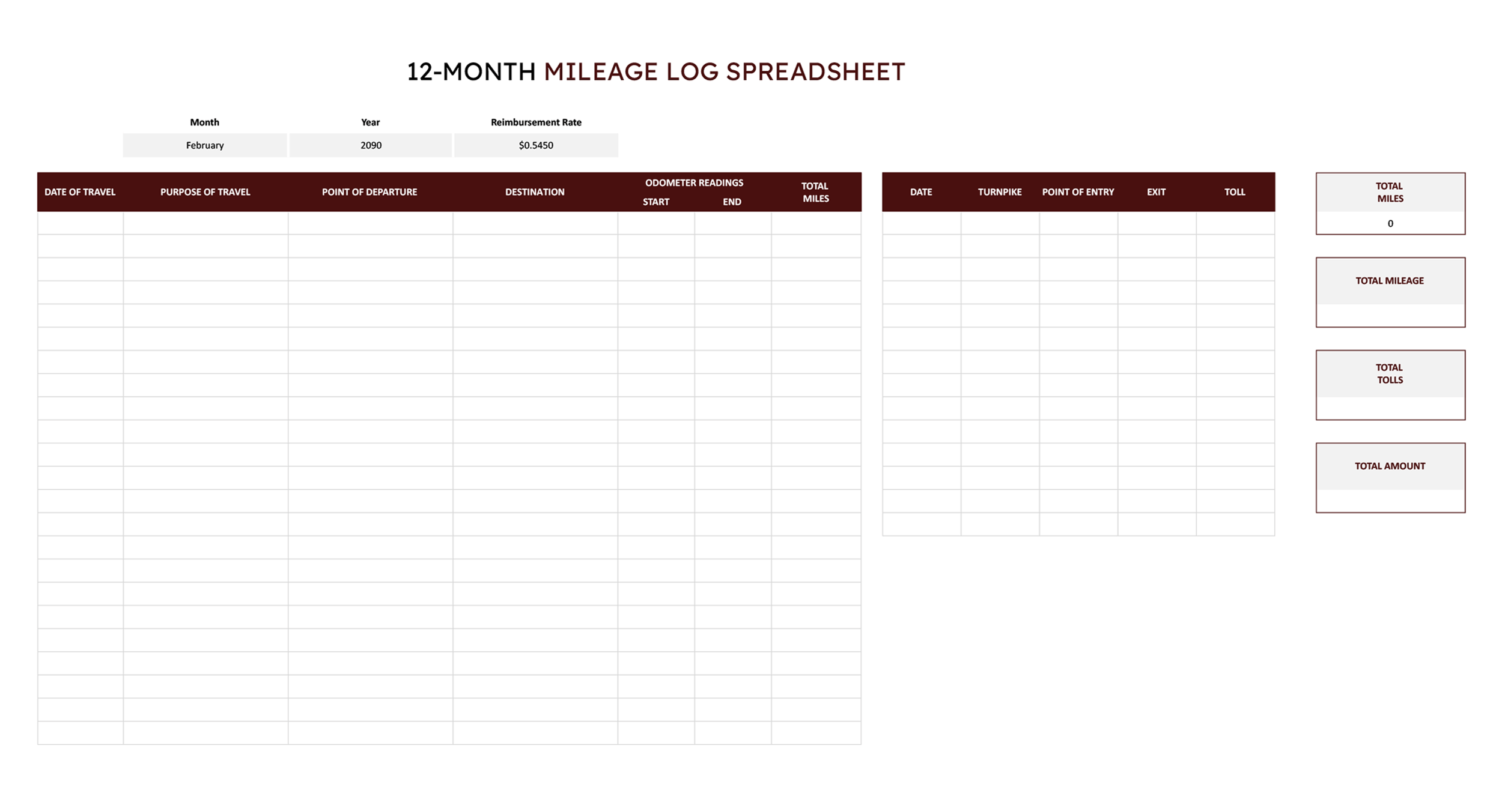 12-Month Mileage Log Template - Excel, Google Sheets - Page 03