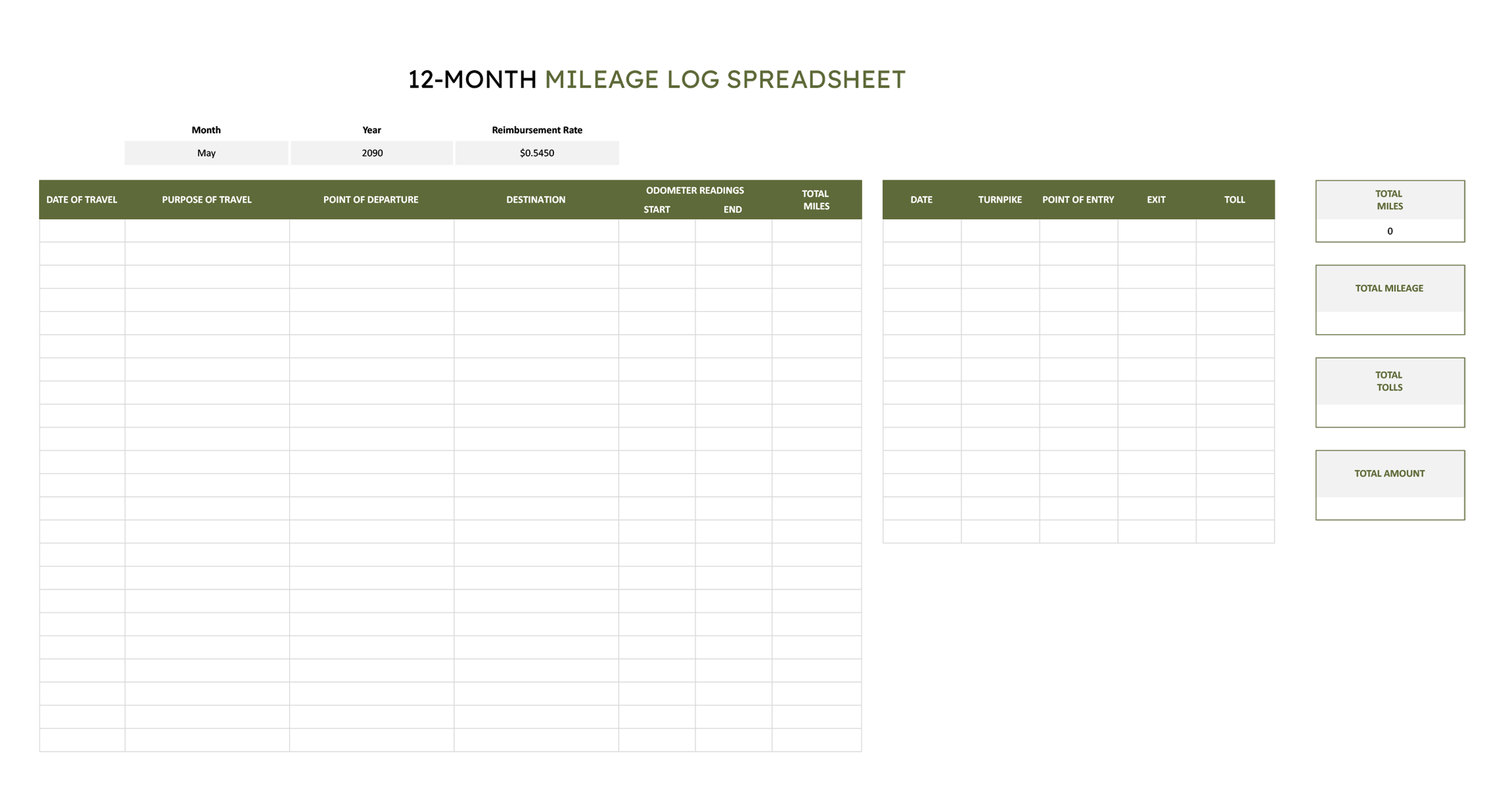 12-Month Mileage Log Template - Excel, Google Sheets - Page 06