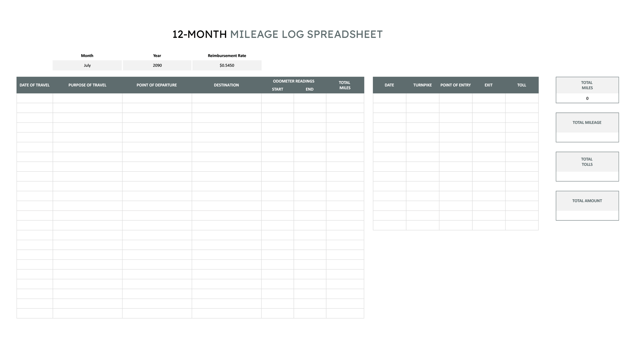 12-Month Mileage Log Template - Excel, Google Sheets - Page 08