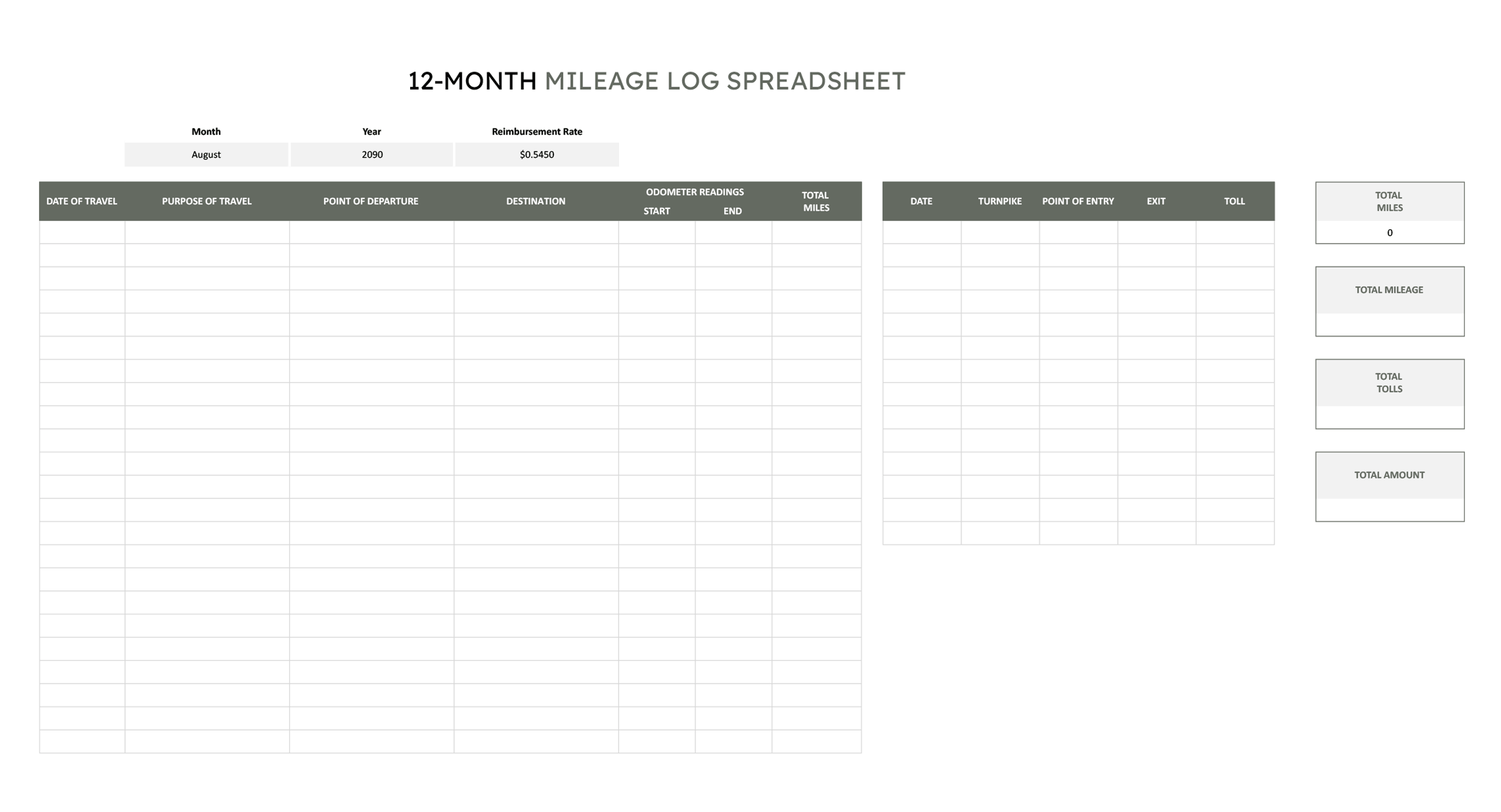 12-Month Mileage Log Template - Excel, Google Sheets - Page 09