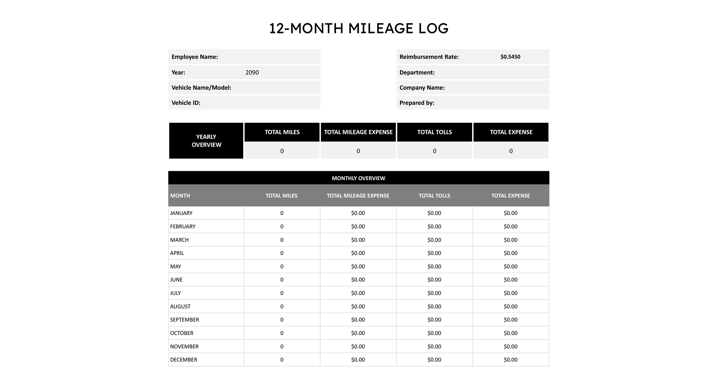 12-Month Mileage Log Template - Excel, Google Sheets