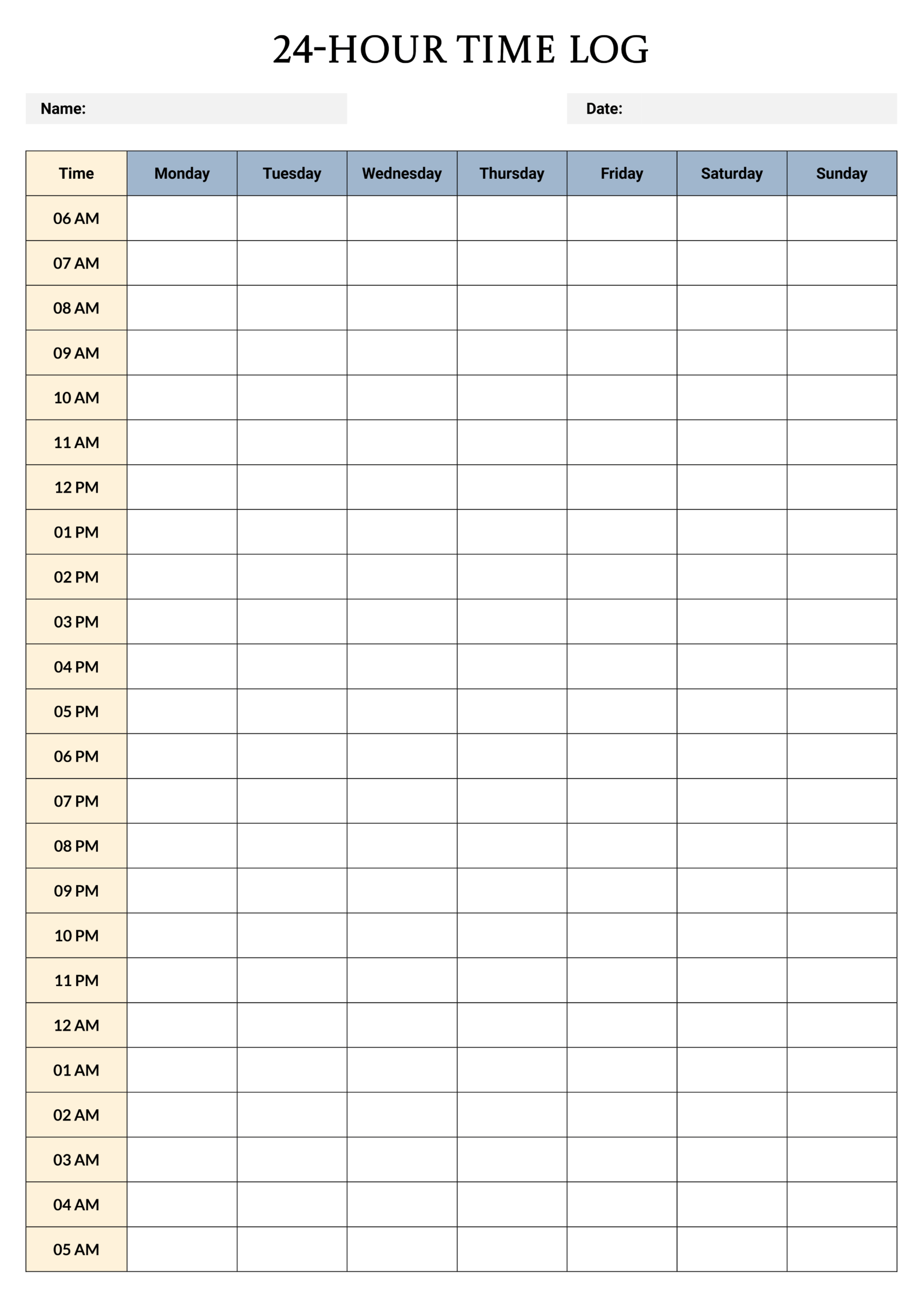 24-Hour Time Log Template - Word, Google Docs - Page 02