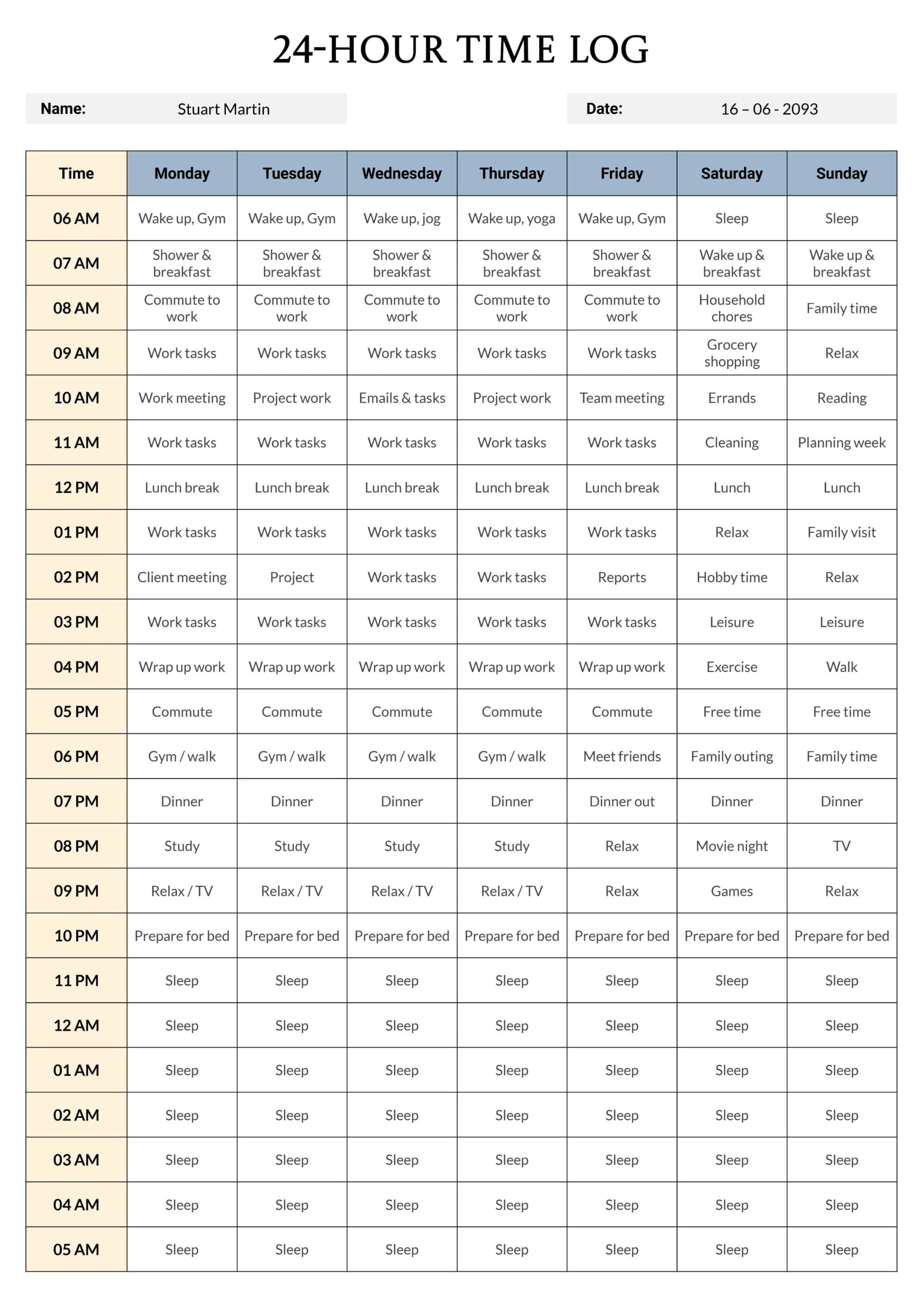 24-Hour Time Log Template - Word, Google Docs
