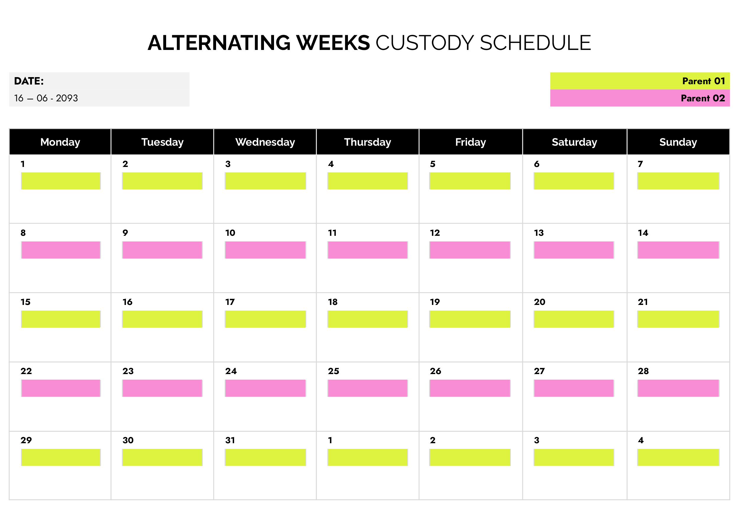 Alternating Weeks Custody Schedule Template - Word, Google Docs