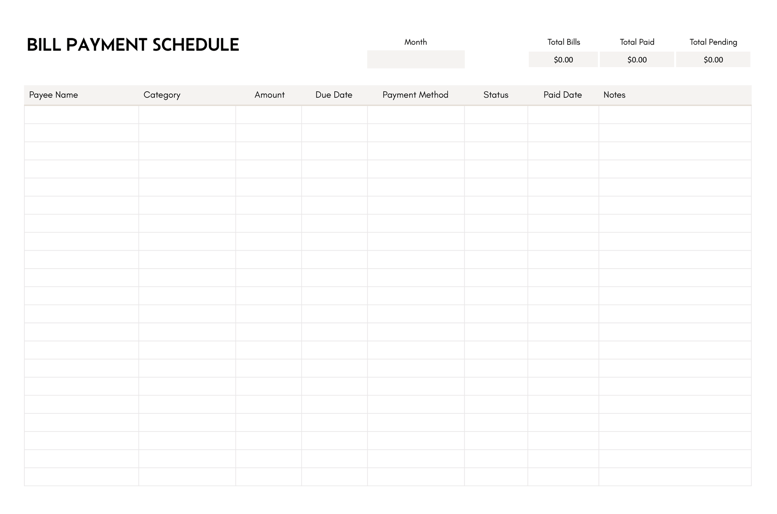 Bill Payment Schedule Template - Excel, Google Sheets - Page 02