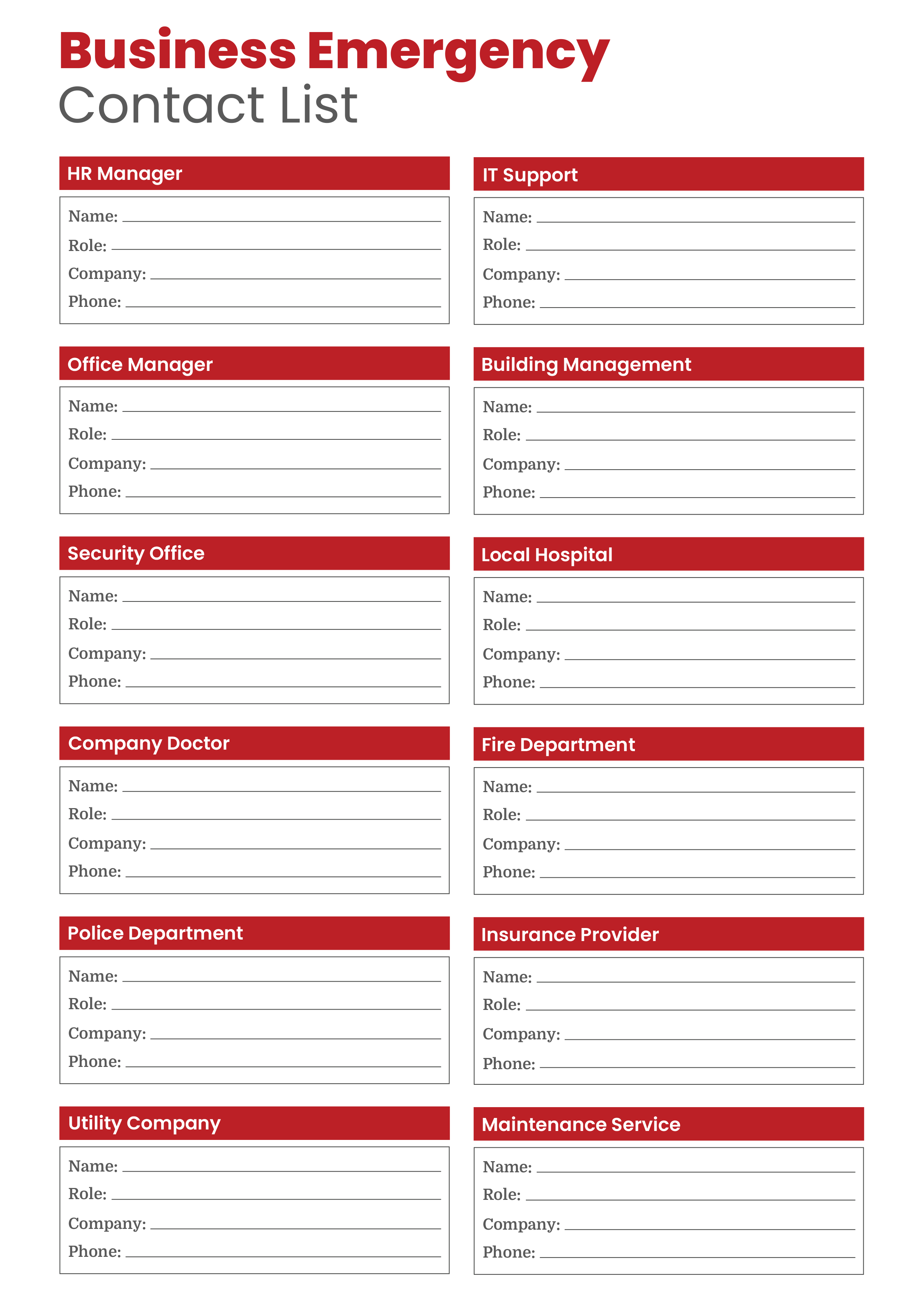 Business Emergency Contact List Template - Adobe Illustrator, PDF