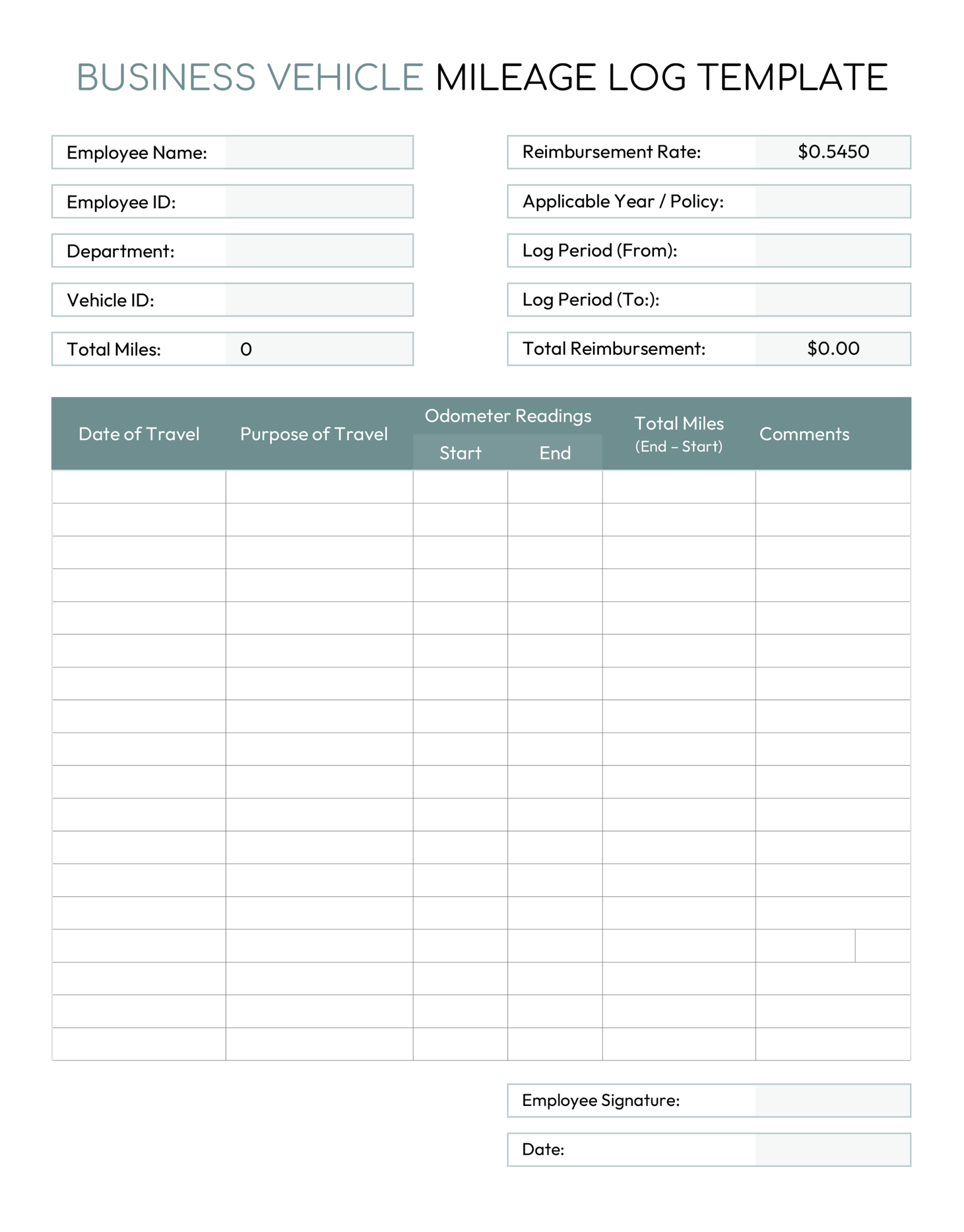 Business Vehicle Mileage Log Template - Excel, Google Sheets
