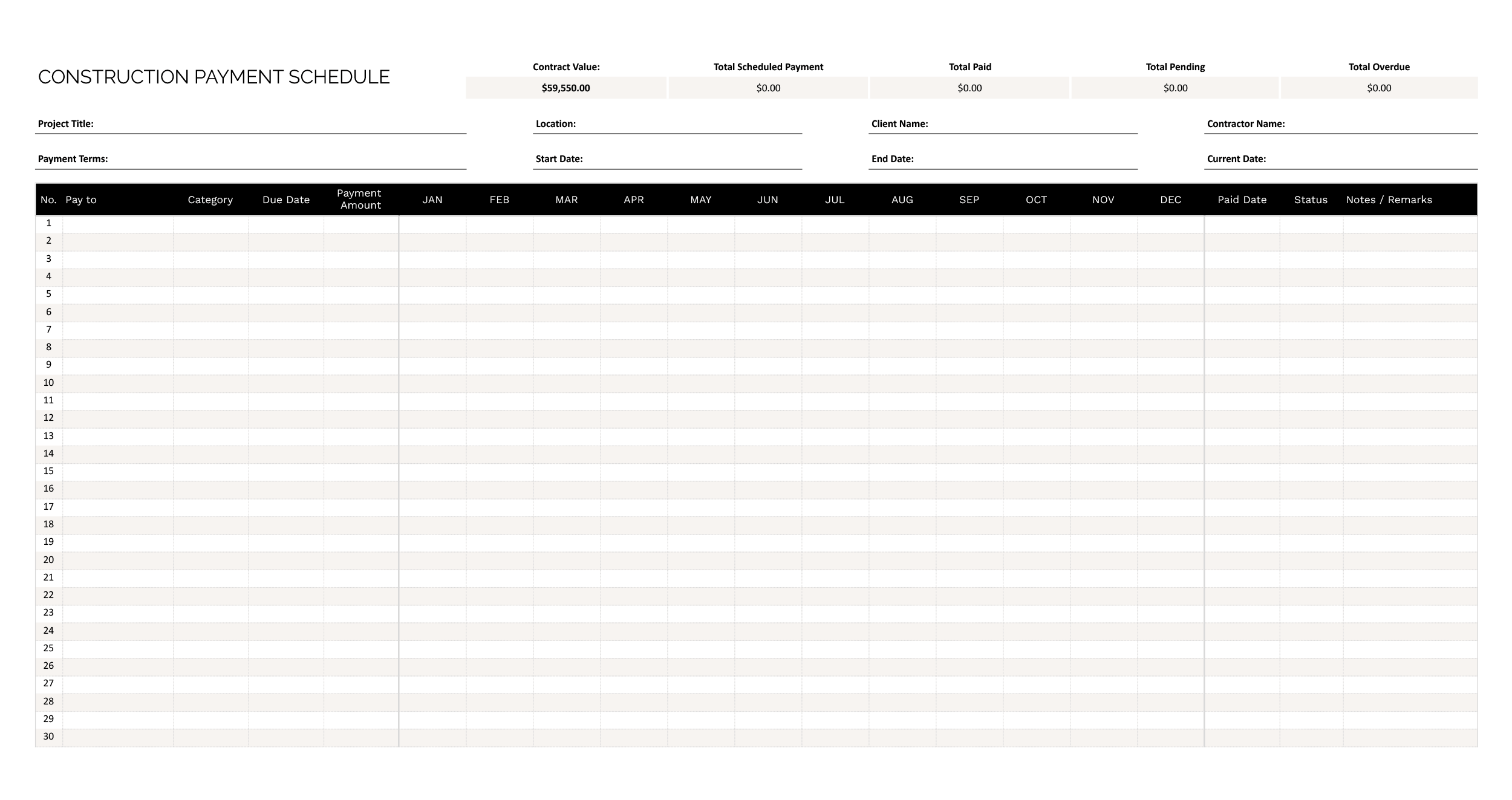 Construction Payment Schedule Template - Excel, Google Sheets - Page 02