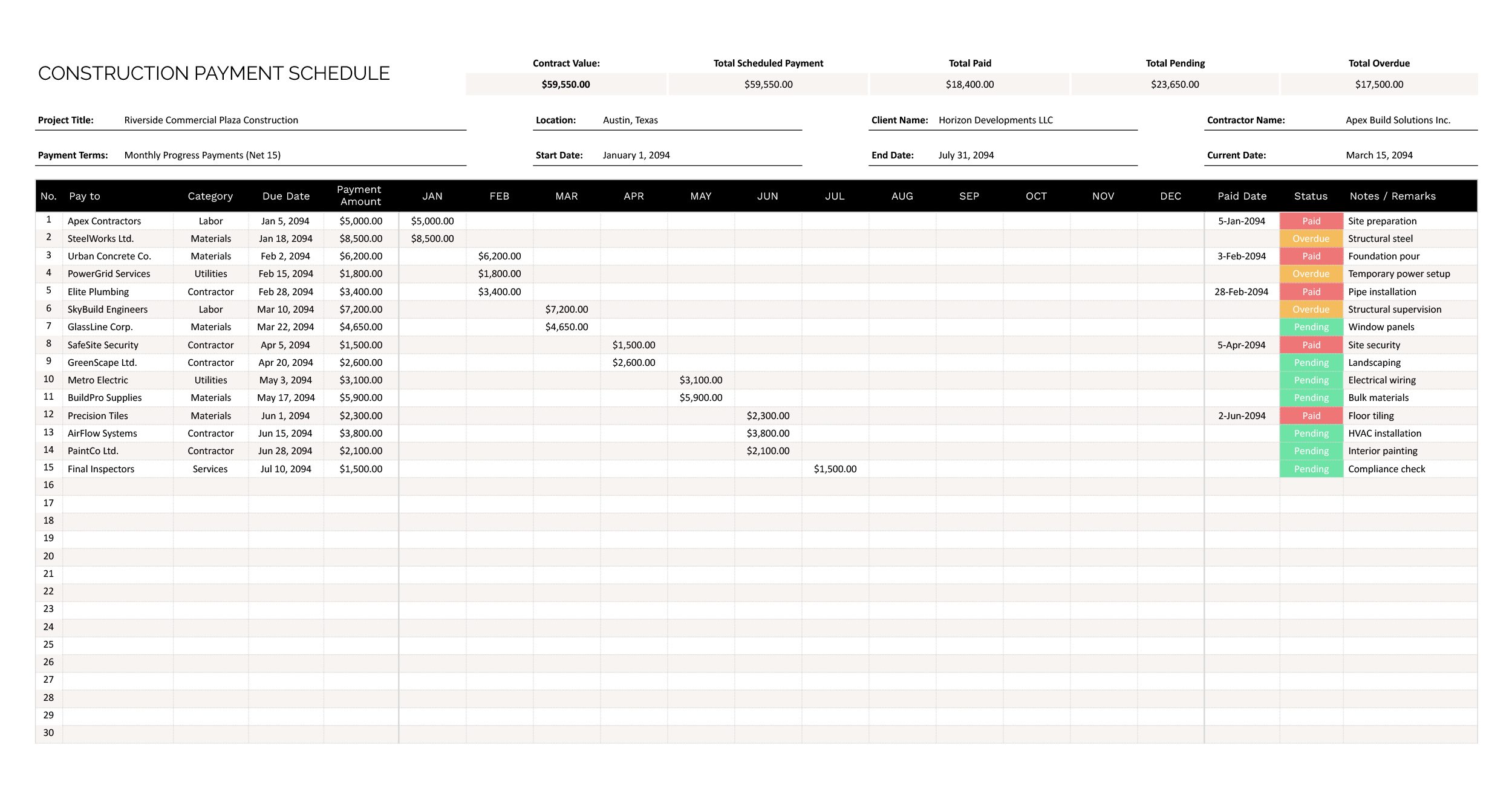 Construction Payment Schedule Template - Excel, Google Sheets