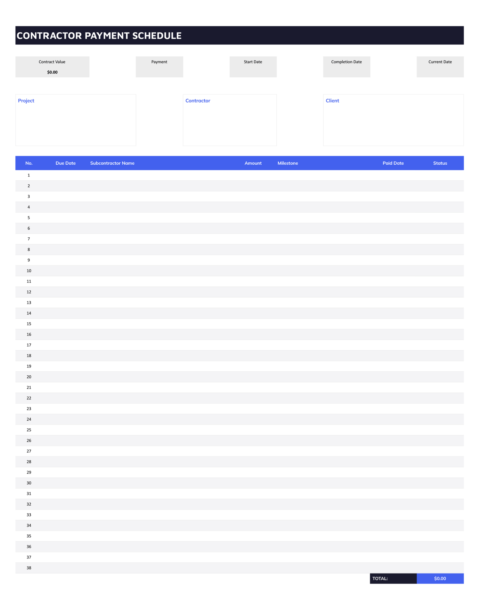 Contractor Payment Schedule Template - Excel, Google Sheets - Page 02