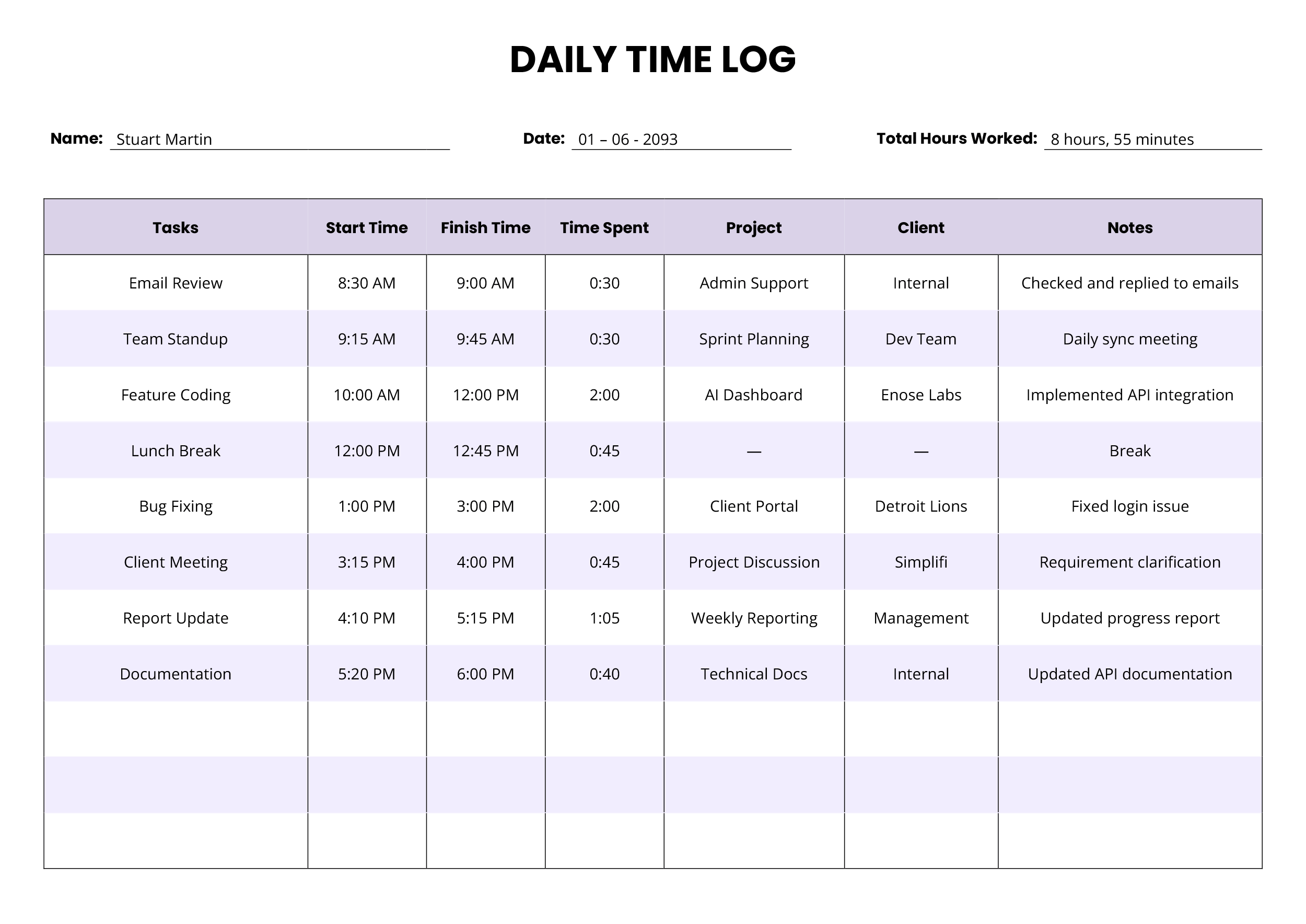 Daily Time Log Template - Word, Google Docs