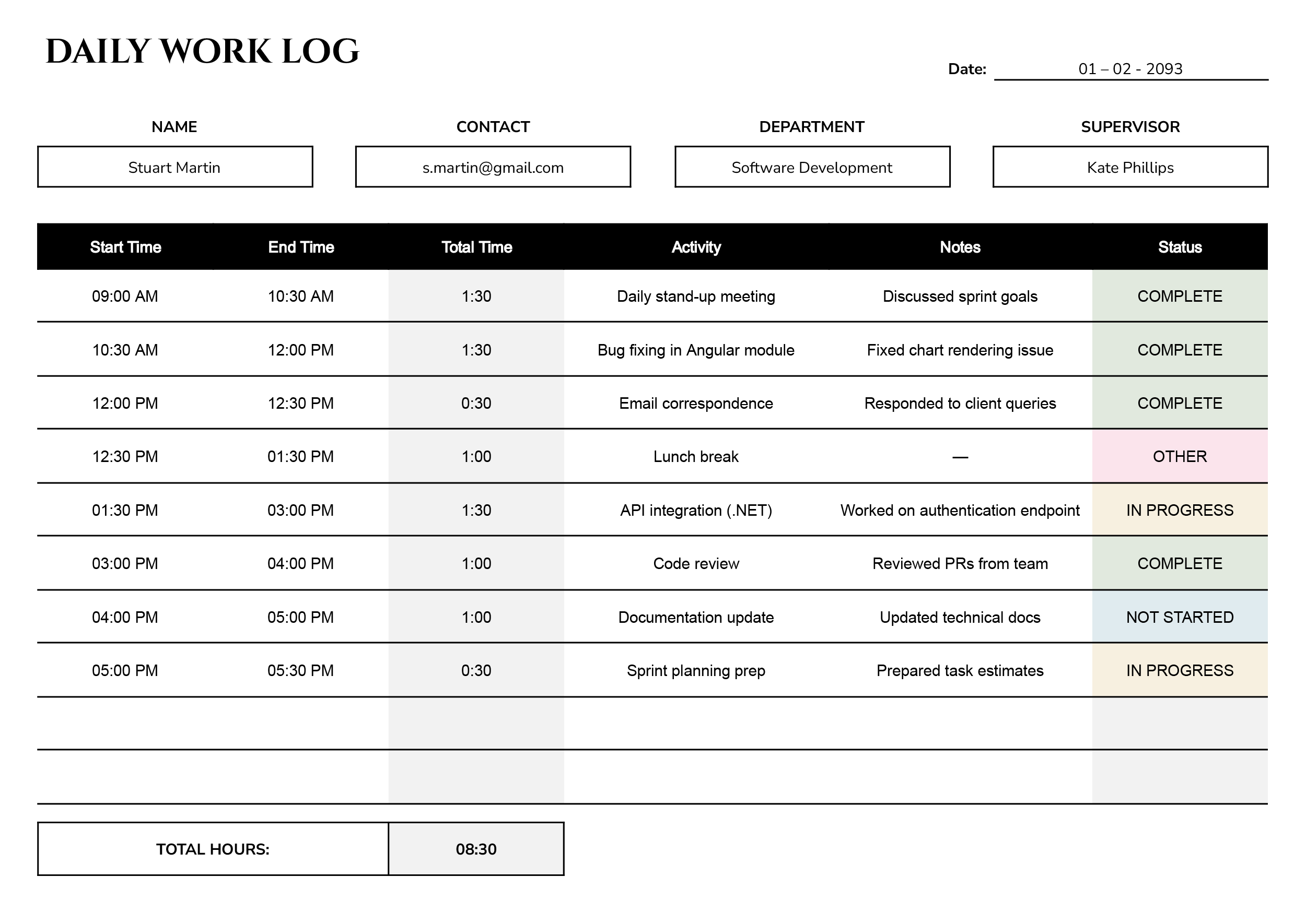 Daily Work Log Template - Word, Google Docs