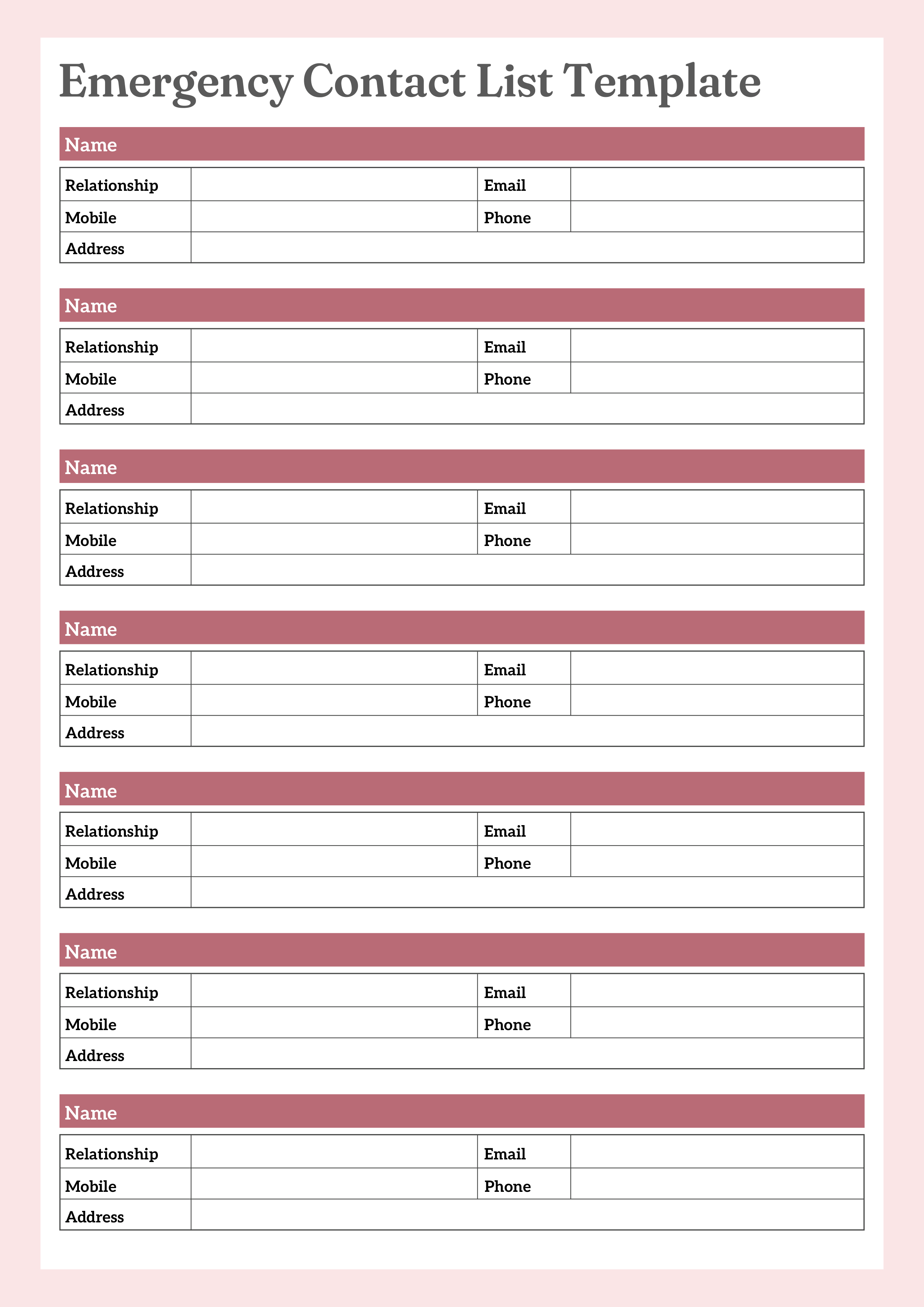 Emergency Contact List Template - Adobe Illustrator, PDF