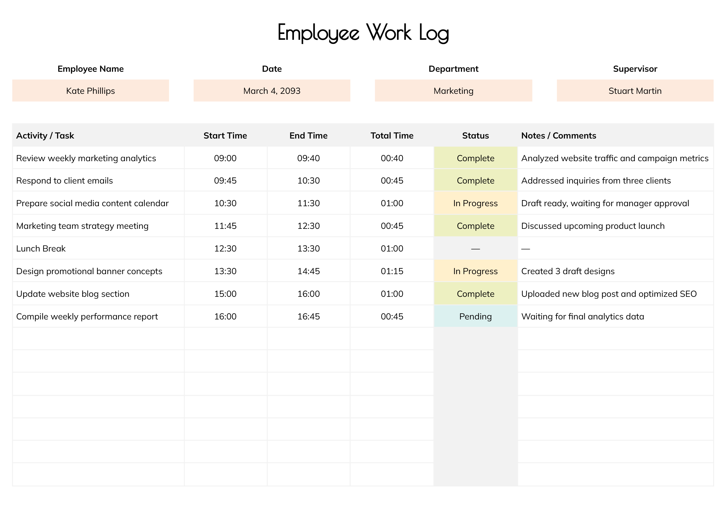 Employee Work Log Template - Word, Google Docs