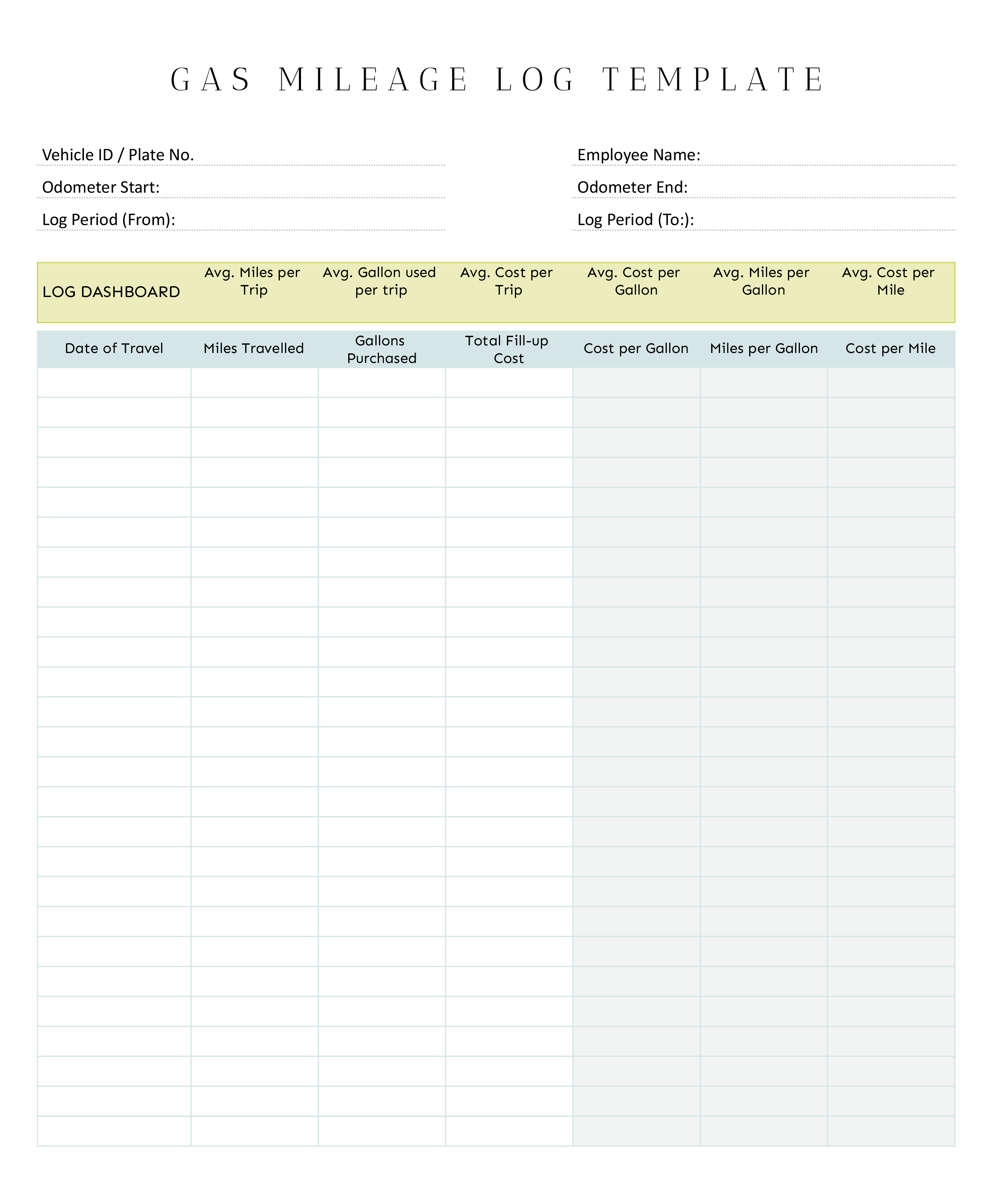 Gas Mileage Log Template - Excel, Google Sheets - Page 02